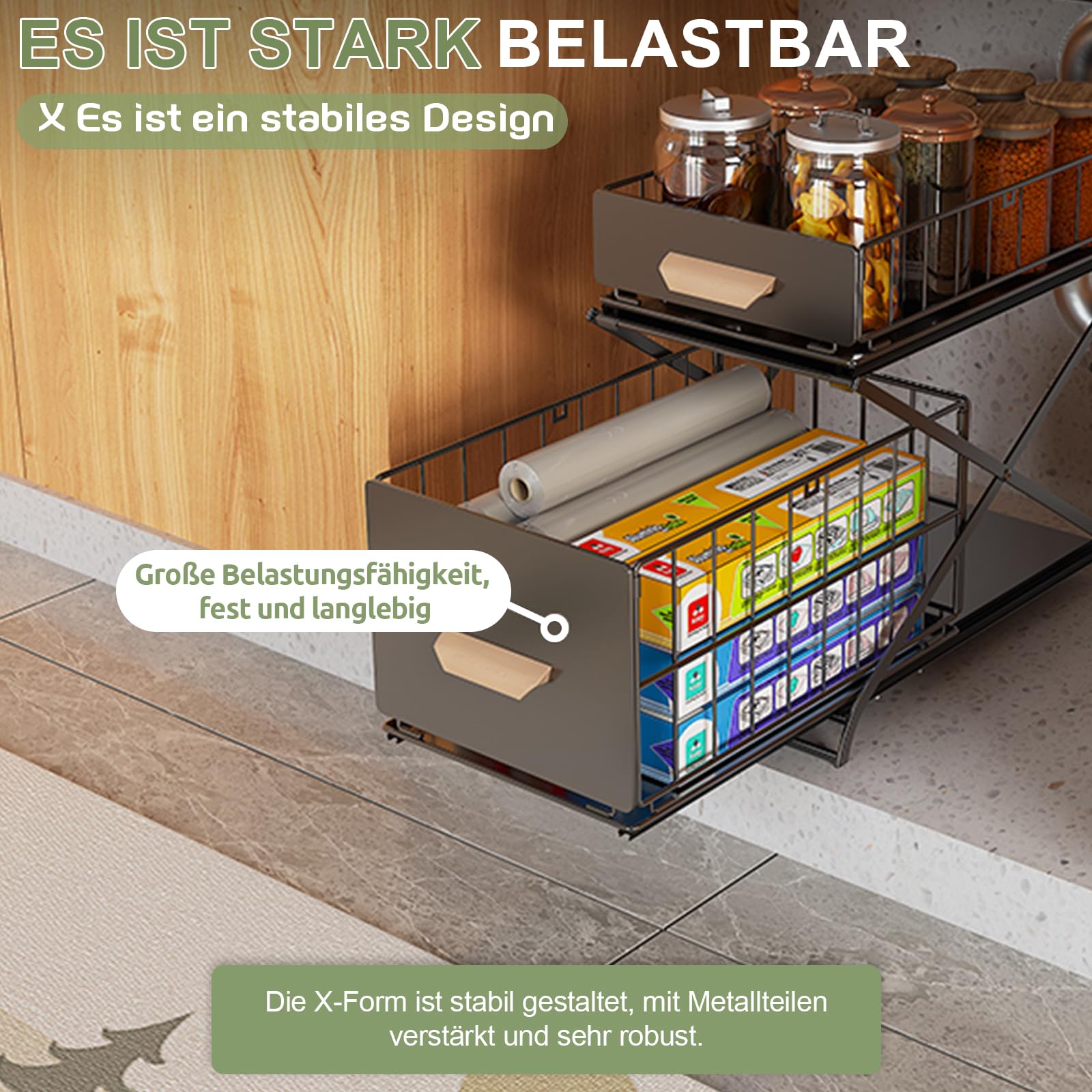 Gewürzregal, 2 Etagen Standregal Küche Arbeitsplatte Regal Organizer 40x26x39cm Ausziehbarer Organizer ohne Montage Stauraum für Gewürze & Flaschen（Schwarz）