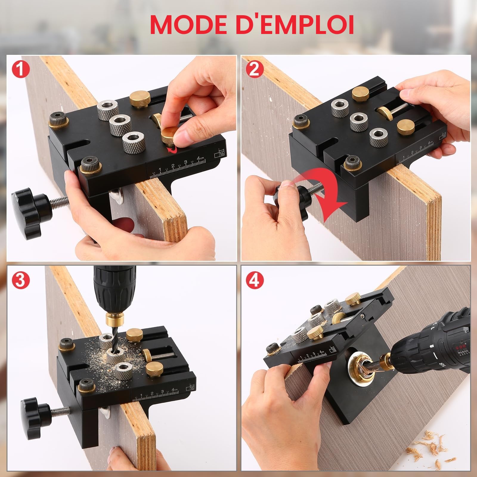 Idong 6/8/10/15mm 3 en 1 Kit de guide de positionnement de perçage, gabarits de trou de poche pour le bricolage, le travail du bois, les meubles