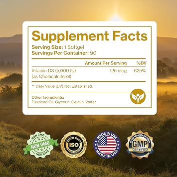 Pure Vitamin D3 5000 IU, Immune & Bone Health Support, 90 Mini Softgels
