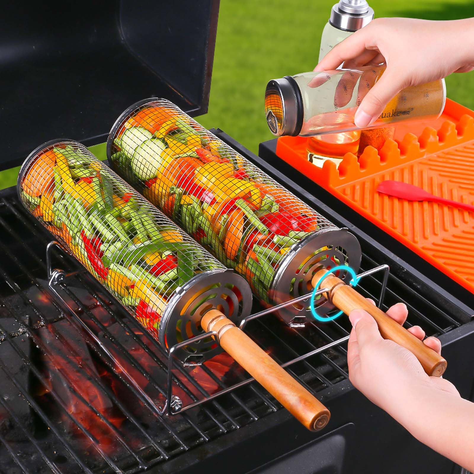 Grilloir en Acier Inoxydable 2 Pièces, Panier de Grillade Tournant Cylindrique avec Poignée en Bois Amovible - Accessoire BBQ pour Grill Extérieur, Camping - Légumes, Poisson, Viande, Fruits de Mer