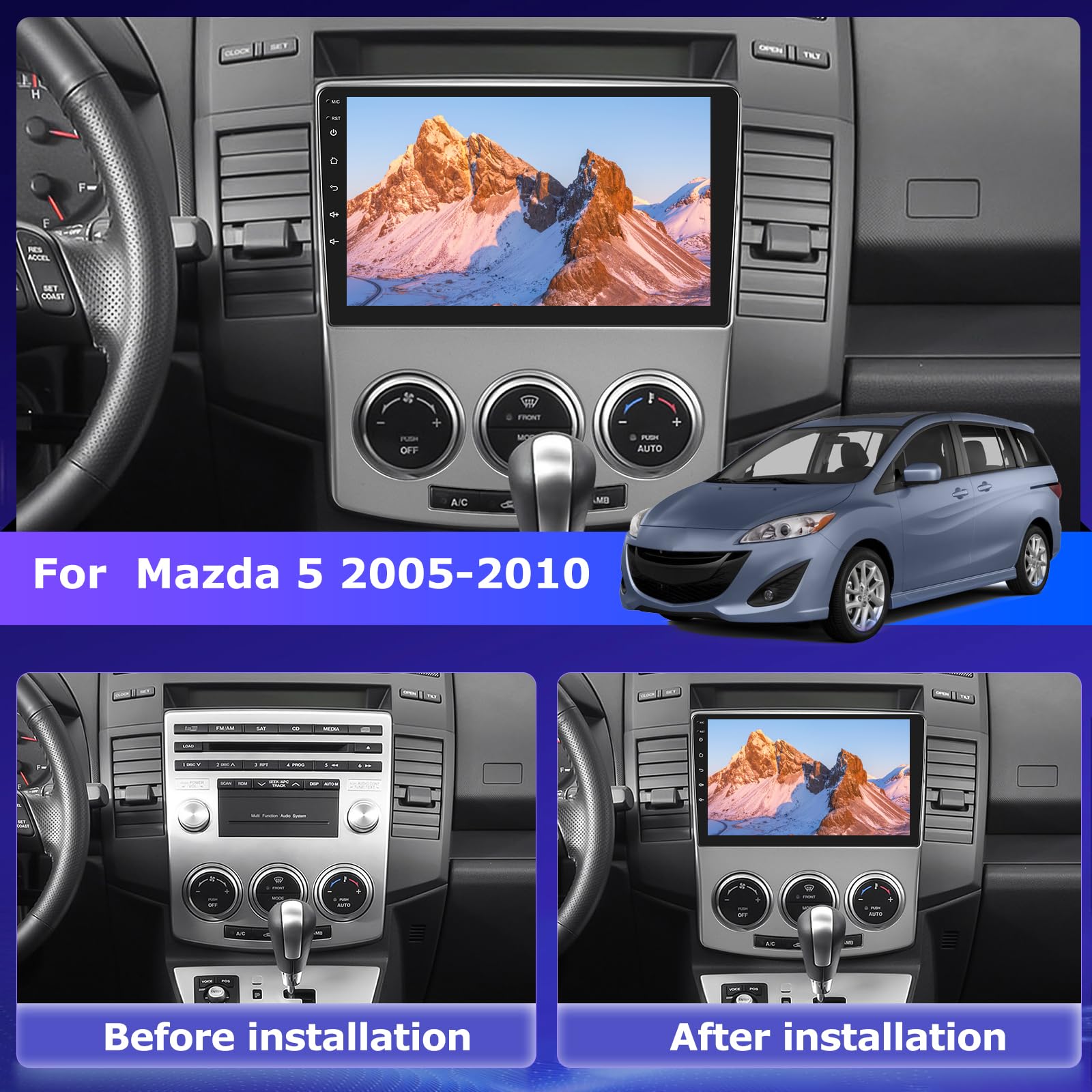 Radio samochodowe 2G+64G Android dla Mazda 5 2005-2010 z bezprzewodową funkcją Carplay i Android Auto, 9-calowy ekran dotykowy radio samochodowe z Wi-Fi, nawigacją GPS, Bluetooth, FM RDS