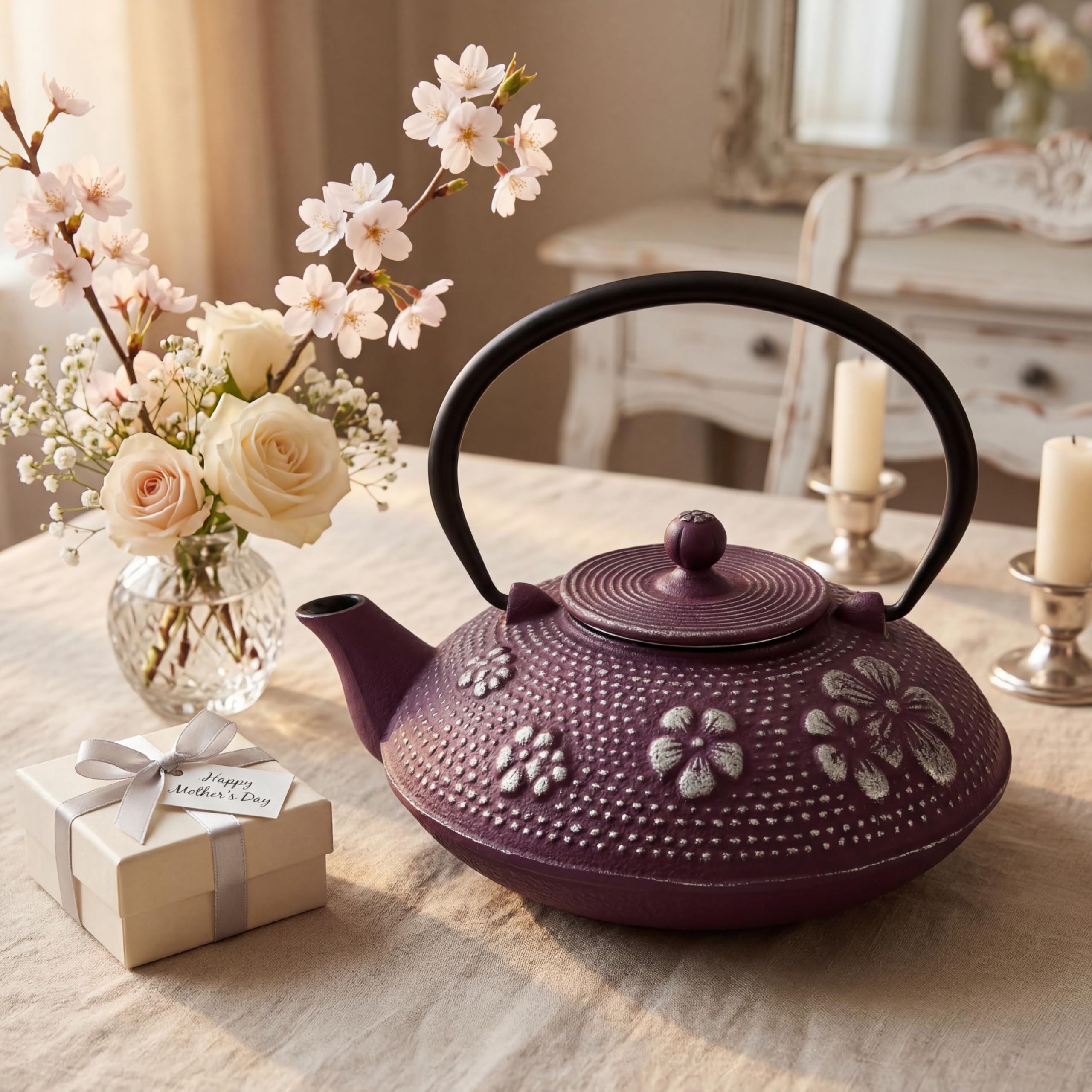 SO SKIN IDASY – Théière en fonte japonaise 900 ml, prune profonde patinée aux reflets argentés, motif pétales relief, filtre inox amovible, intérieur émaillé, design élégant, idée cadeau maison