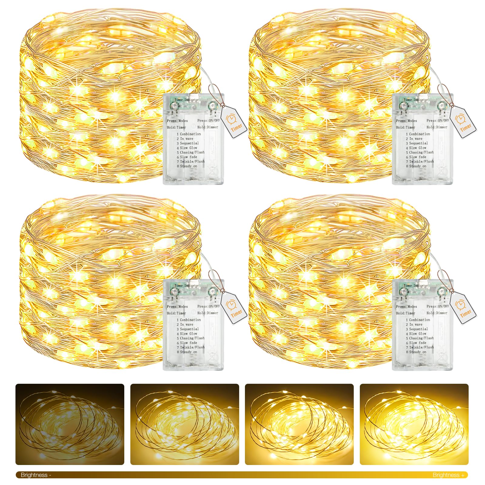 btfarm 4 Pack Fairy Lights Battery Operated with Timer Dimmable, 8 Modes String Lights USB Powered, 5 M 50 LED Christmas Wire Lights Waterproof for Xmas Tree Indoor Outdoor Bedroom Decor, Warm White