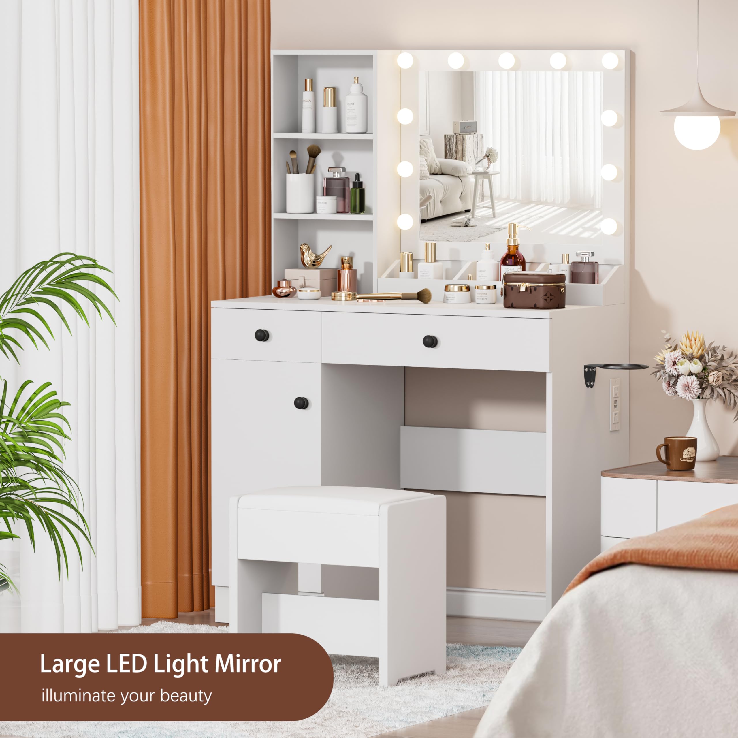 YIKEHOME Makeup Vanity Desk with Mirror and Lights, Vanity Table with Large Drawer, Chair and Shelves, White Dressing Table for Bedroom, 3 Color Modes & Adjustable Brightness