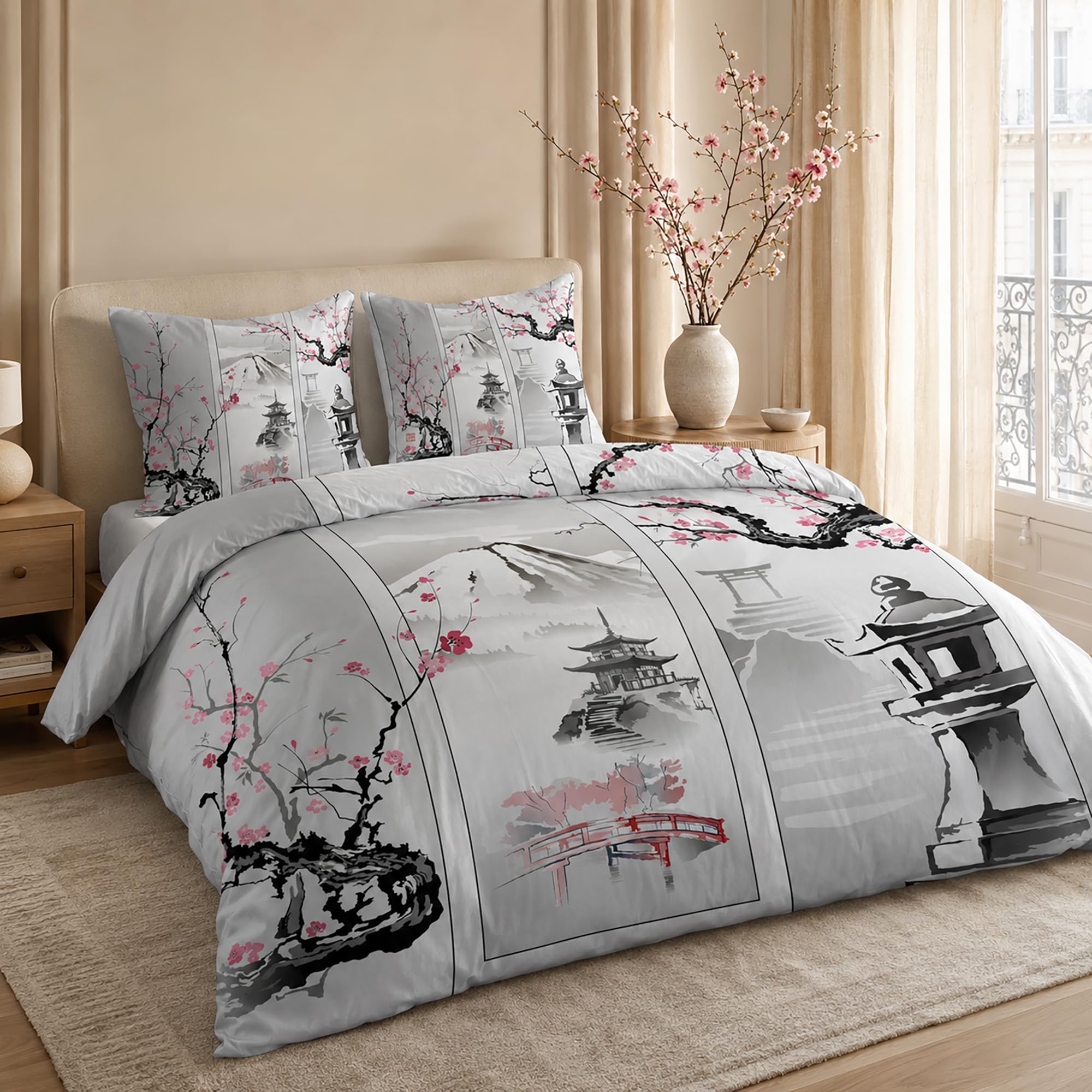 Parure de Lit 240 x 260 Japonais Housse de Couette 2 Personnes Réversible, Housse Couette Imprimée Fleur de Cerisier en Microfibre et 2 Taie d'oreiller 65x65 cm avec Fermeture Éclair