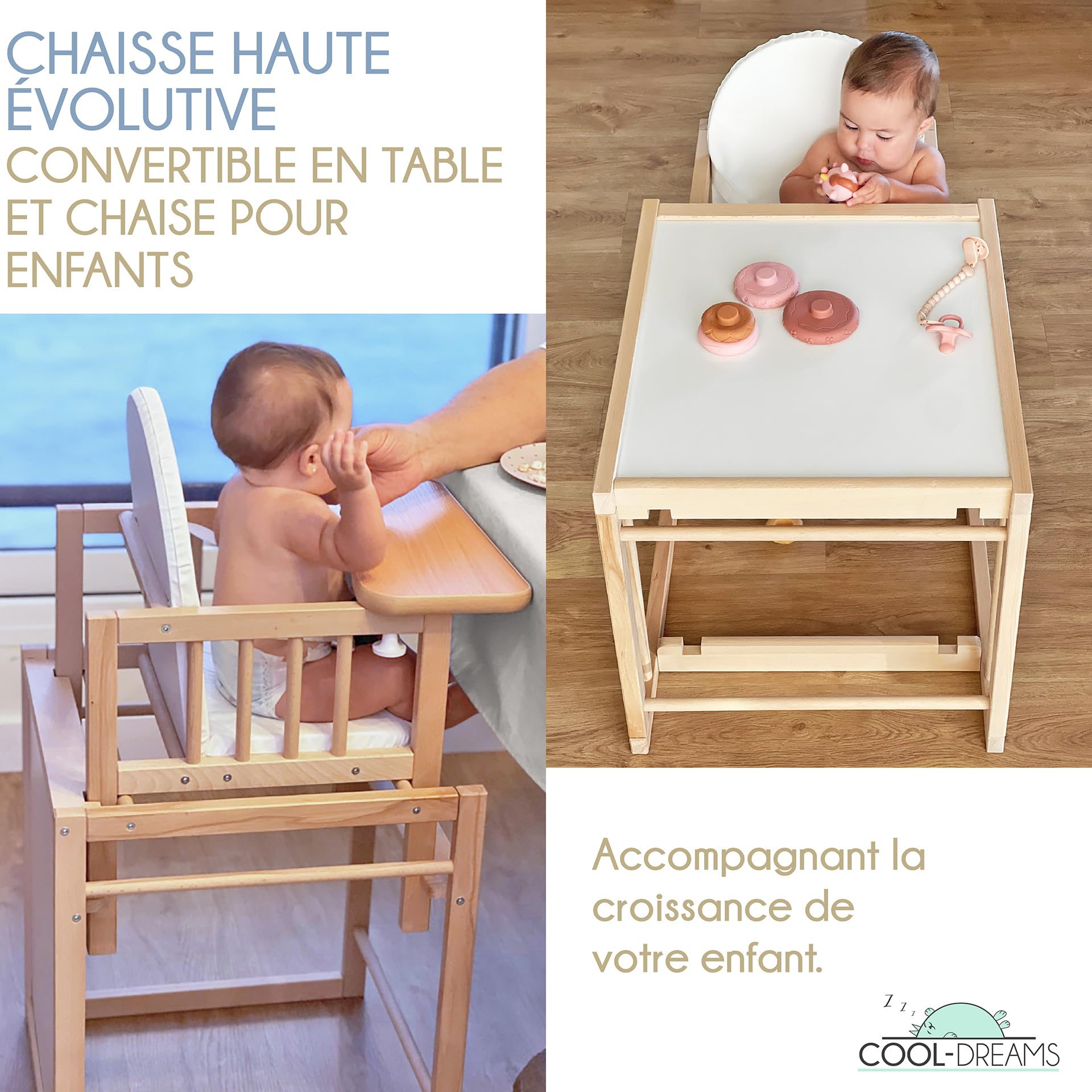 Chaise haute évolutive portable Evoluonge pour bébé en bois de hêtre Convertible en table et en chaise haute Assise rembourrée CoolDreams