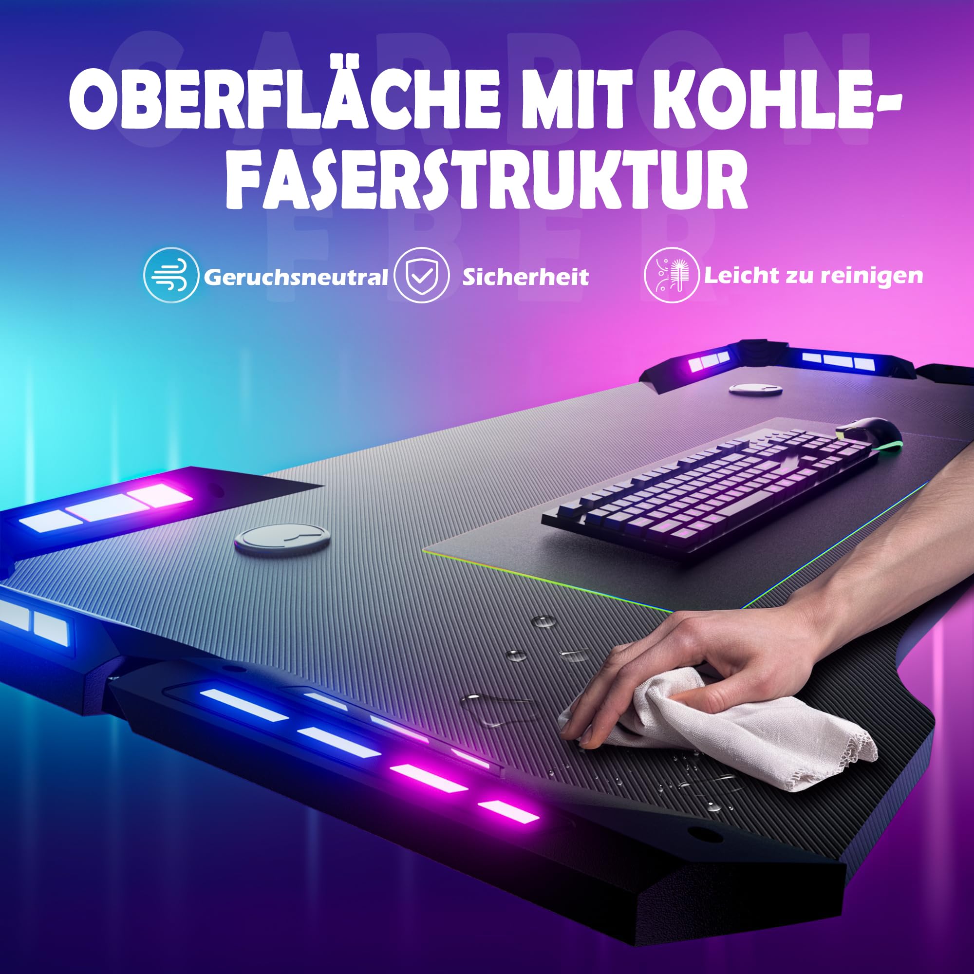 LED Computertisch mit Kohlefaser Beschichtung, Z-Frame Gaming Schreibtisch, Esport Ergonomischer Tisch mit Kopfhörerhaken Getränkehalter, Schreibtisch Perfekt für Schlafzimmer Büro(120x60x75cm)