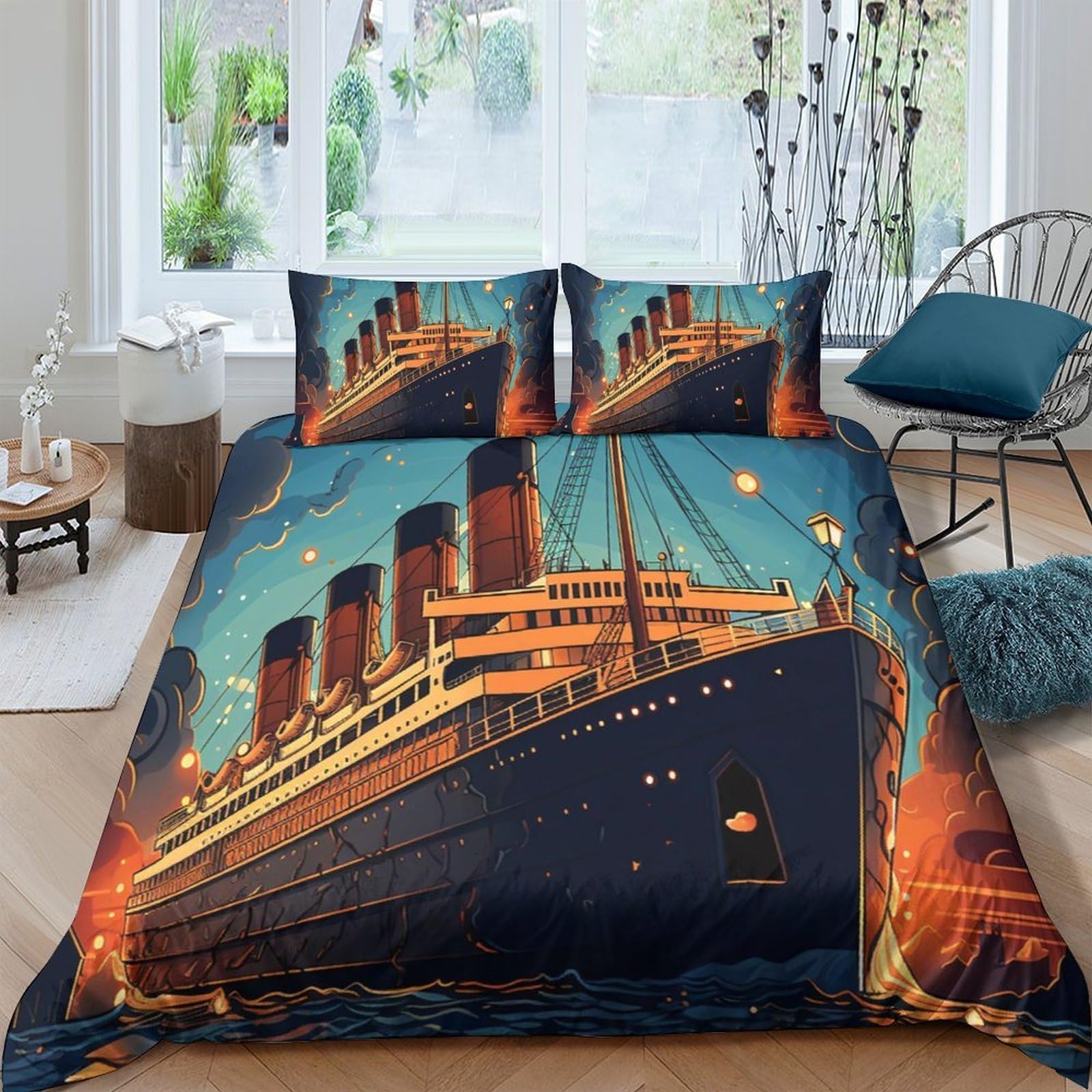 GPLZQXKJNH 3D Printed Titanic Ship Duvet Cover Microfiber Soft Breathable Ocean Night Bedding Set with 2 Pillowcases for Bedroom Decor Single（135x200cm）