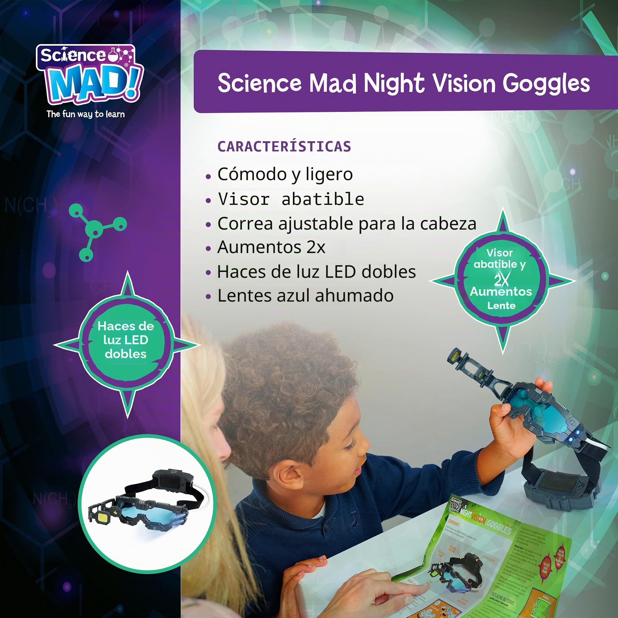 Science Mad! Gafas de visión Nocturna para niños, para misiones nocturnas Divertidas, Ligeras, abatibles, Aumento 2X, Haces LED Dobles, Lentes Azules, más de 6 años, 20 x 10 x 5,5 cm (SM55), Color