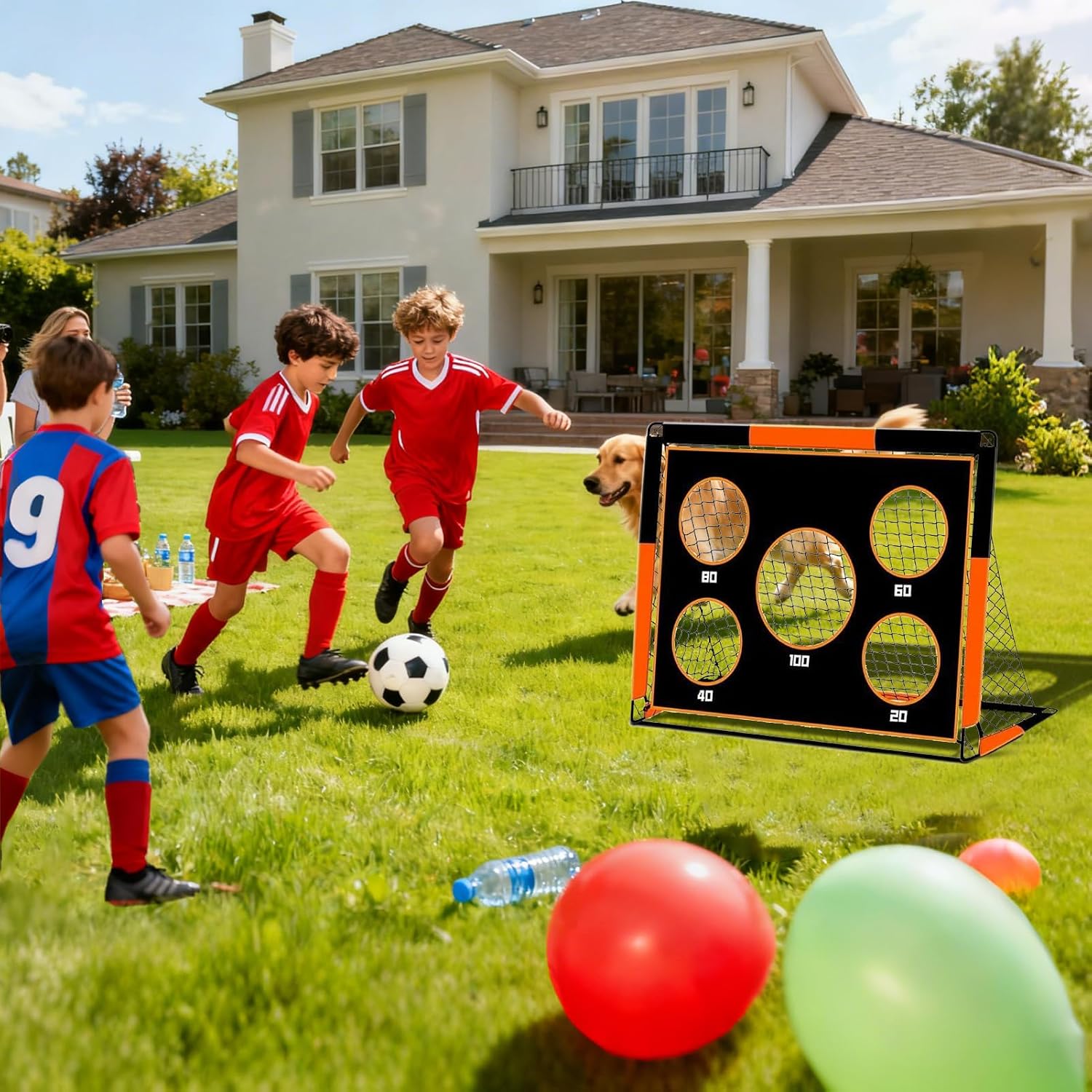 Football Goal Posts for Kids, Football Net with 5 Target Ranges, Soccer Net with Score Targets, Foldable Goal Posts for Garden/Backyard/Beach/Outdoor Training, Easy Assembly & Carry Bag