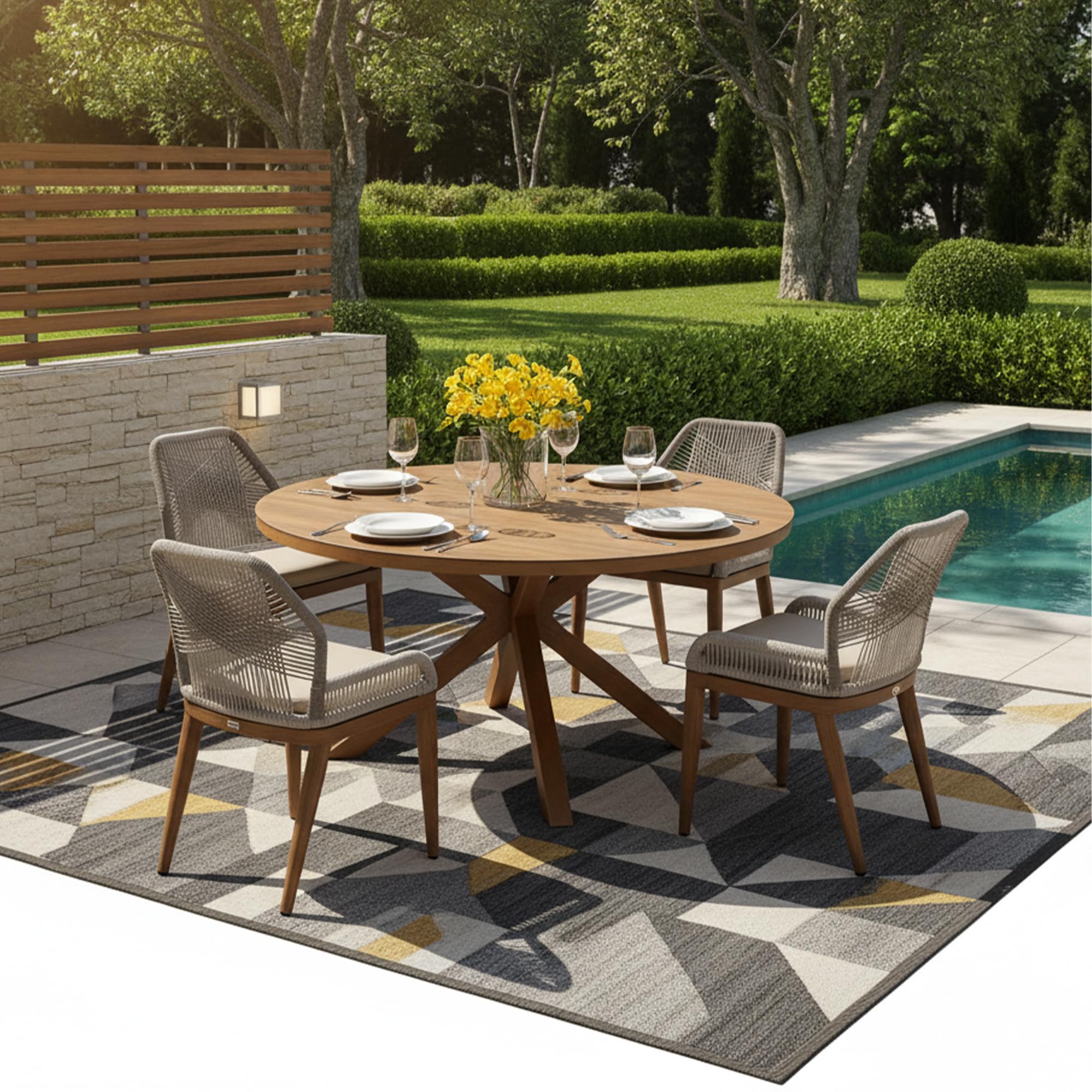PURPLE LEAF Oversized Outdoor Round Dining Set 5 Pieces, Backs, Deep Teak