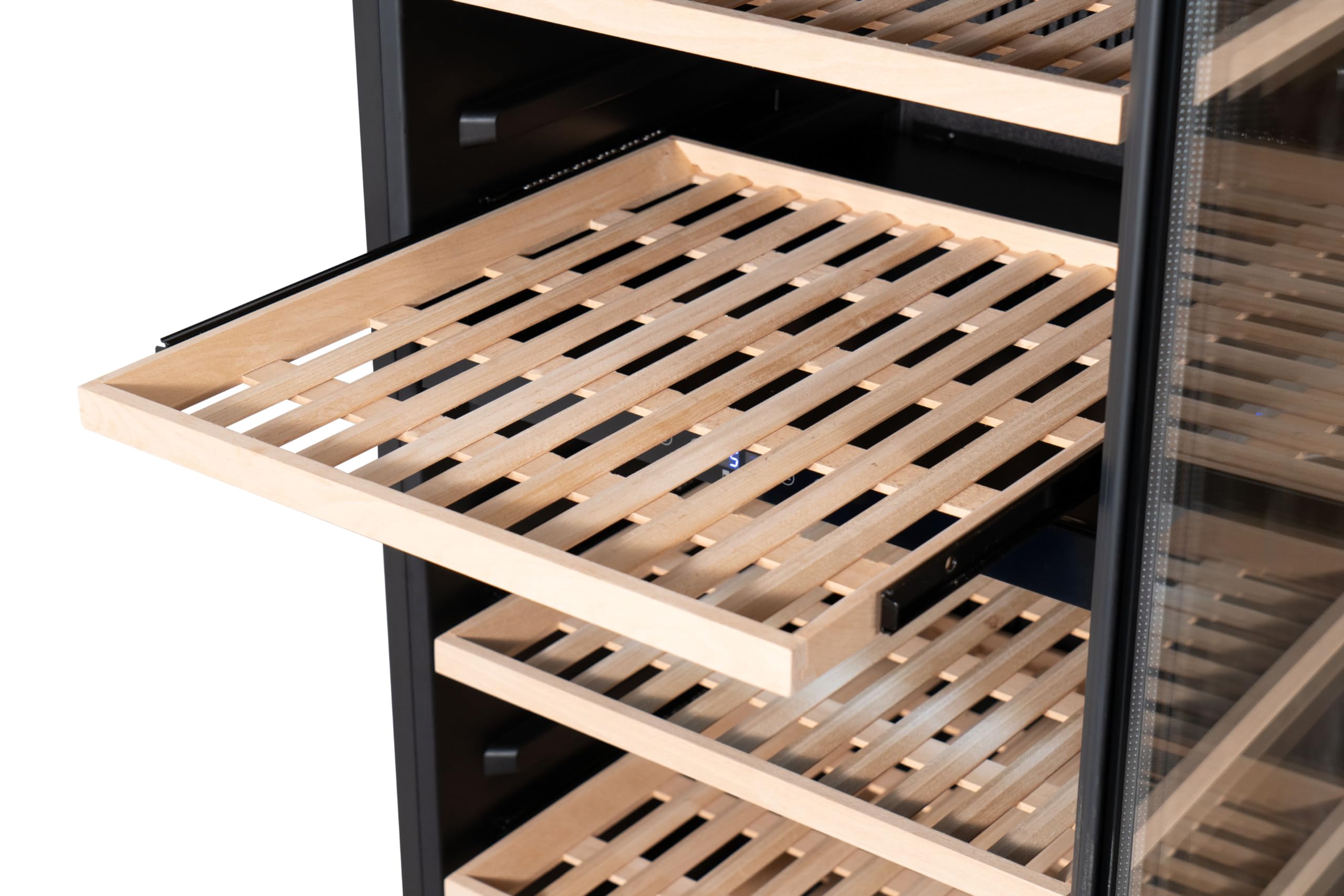 METRO Professional Vinoteca GWC1171D, acero inoxidable/vidrio, 8 estantes de madera, termostato digital, para 171 botellas de vino, con cerradura, negro/plateado