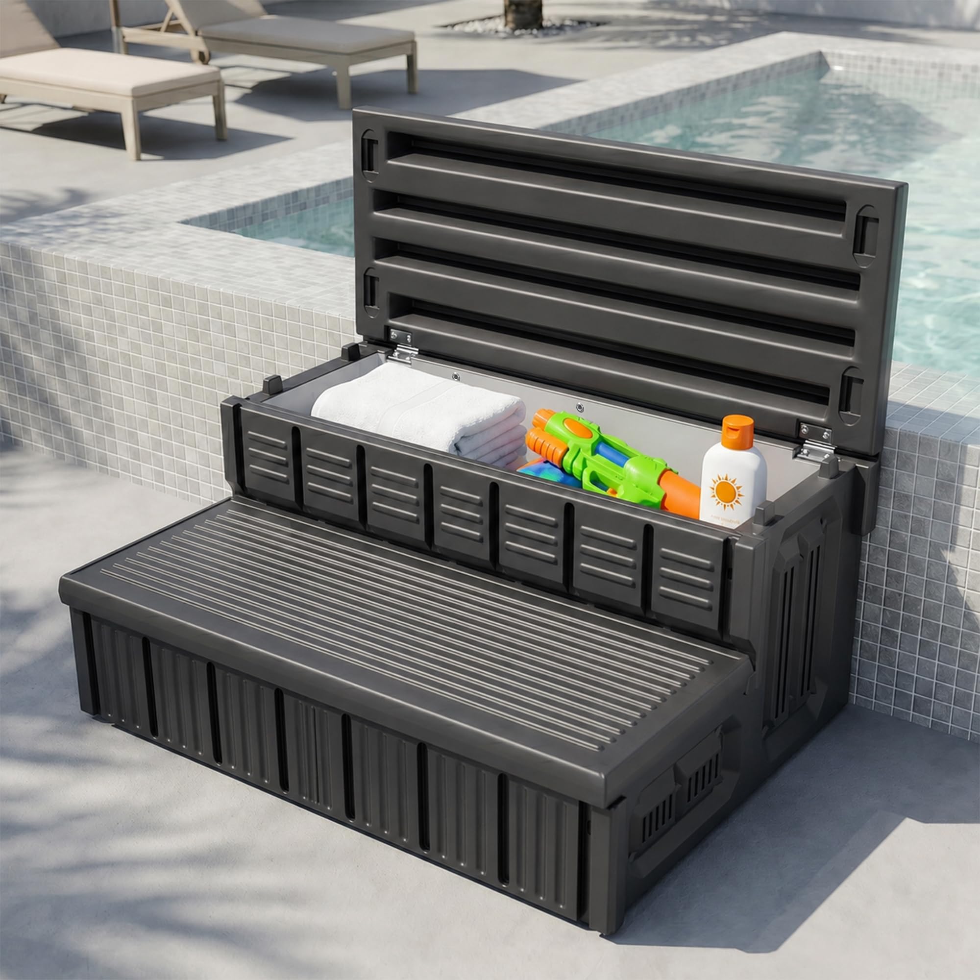 Escalones para bañera de hidromasaje, escalones de SPA al Aire Libre con Almacenamiento, Antideslizantes y Resistentes, 36 Pulgadas de Largo, Color Negro