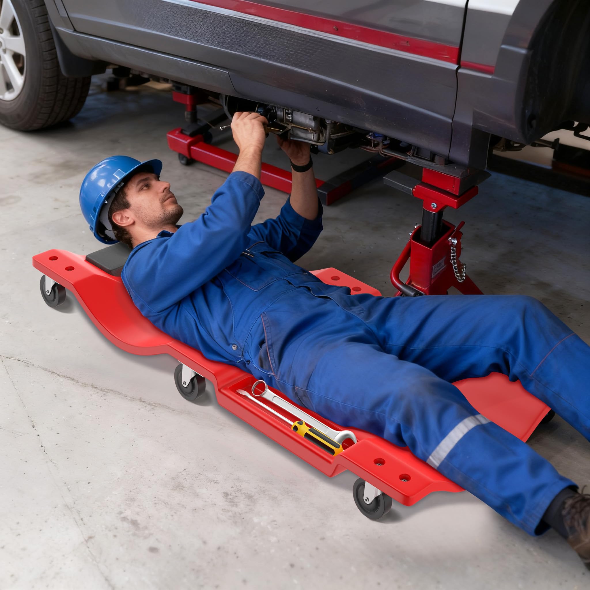 ACXIN Carrello da officina per auto, 101,5 x 45,5 x 11,5 cm, in polipropilene con poggiatesta e 6 ruote in nylon, fino a 150 kg, tavola di montaggio per tavole a rotelle, per il trasporto, carrelli a