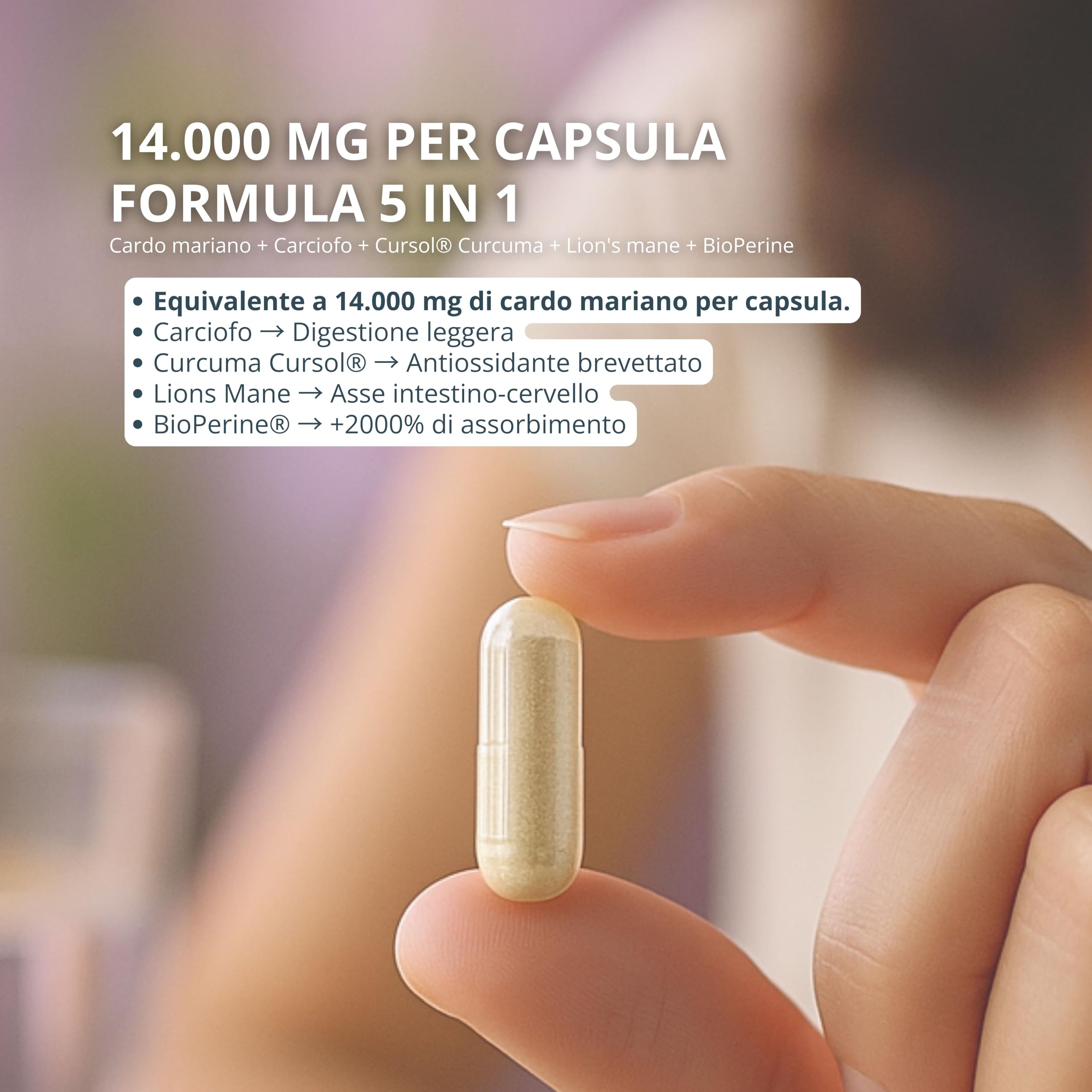 Cardo Mariano Integratore – 213 mg Silimarina Attiva (80% Standardizzata, Equivalente a 14.000 mg) – 270 Capsule Vegane – Con Carciofo, Curcuma Cursol®, Melena di Leone & BioPerine