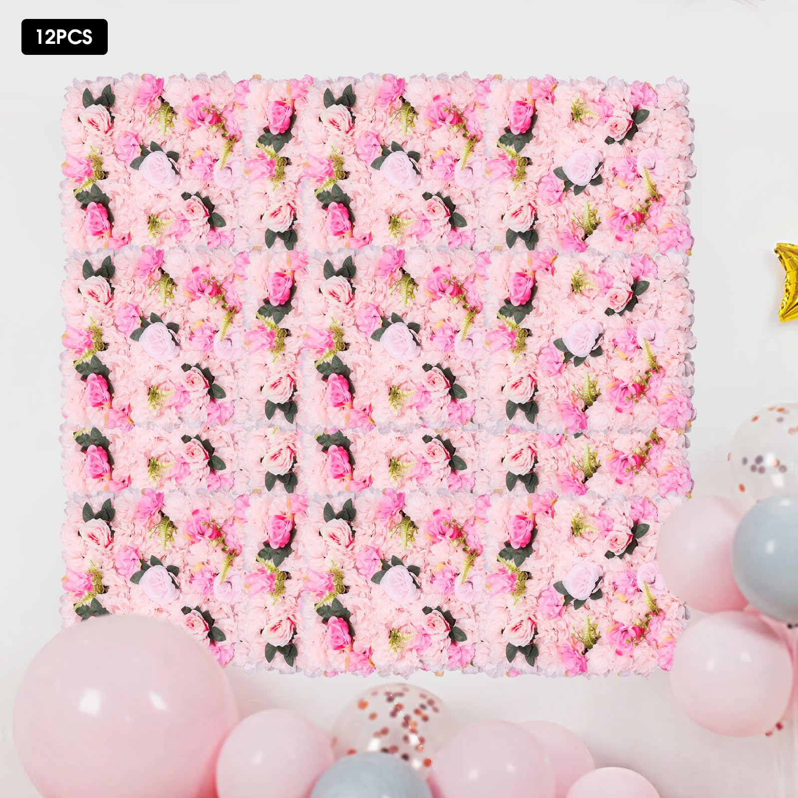 WooDerson 12 pannelli da parete 3D con fiori artificiali, 60 x 40 cm, in tessuto di seta e plastica, dalia + rose, pianta acquatica, rosa chiaro, rettangolare