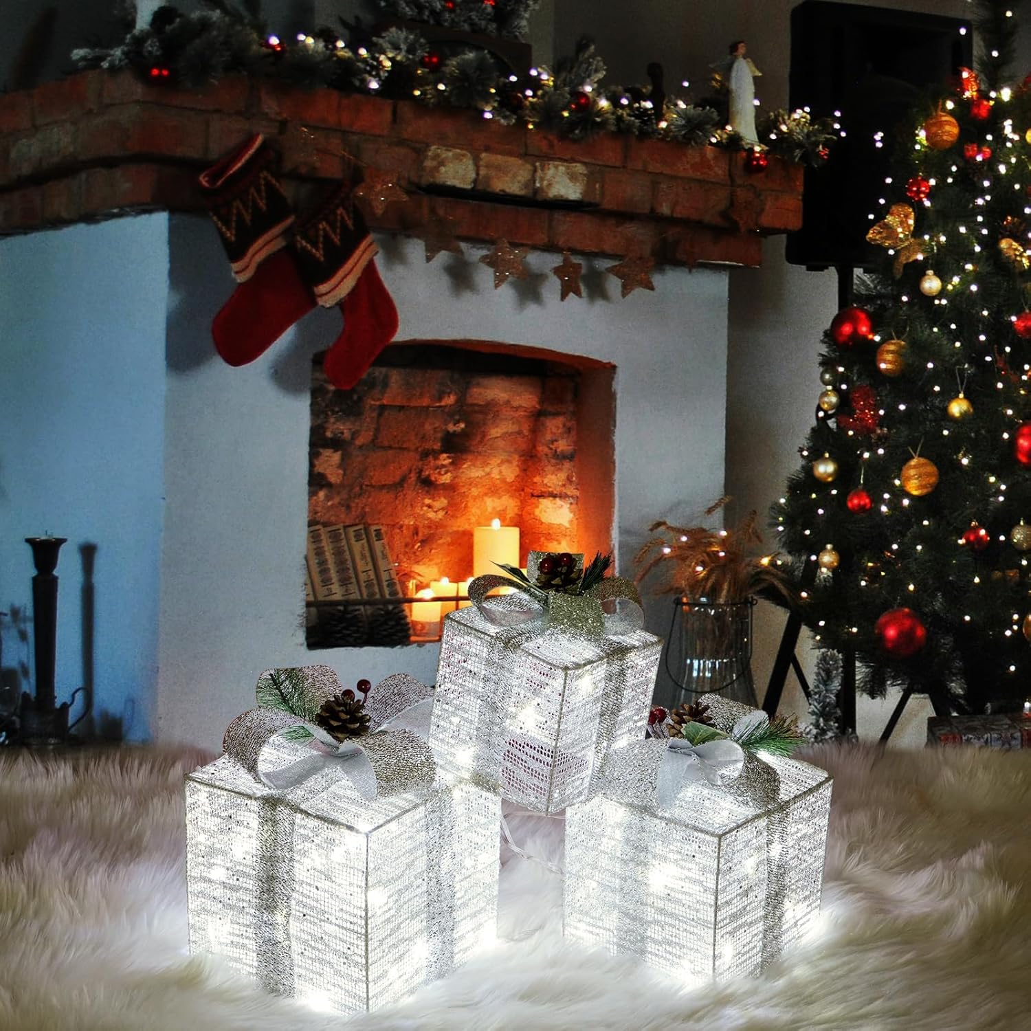 Lot de 3 boîtes cadeaux de Noël lumineuses pré-éclairées à 60 DEL avec lumières blanches, décorations de Noël à piles pour intérieur, maison, fête, décoration de pelouse
