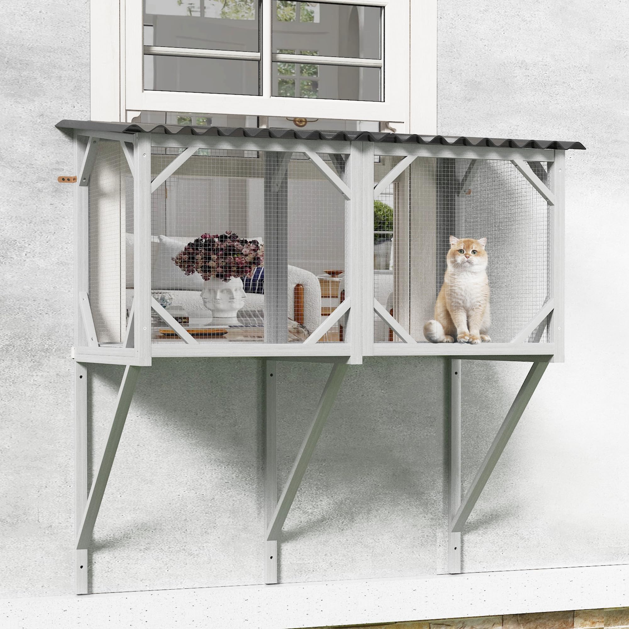 Cat Window Perch for Sunbathing, Napping & Overlooking, Wooden Catio Outdoor Cat Enclosure Window Box Hammock for Safely Enjoying The Outdoor Sights