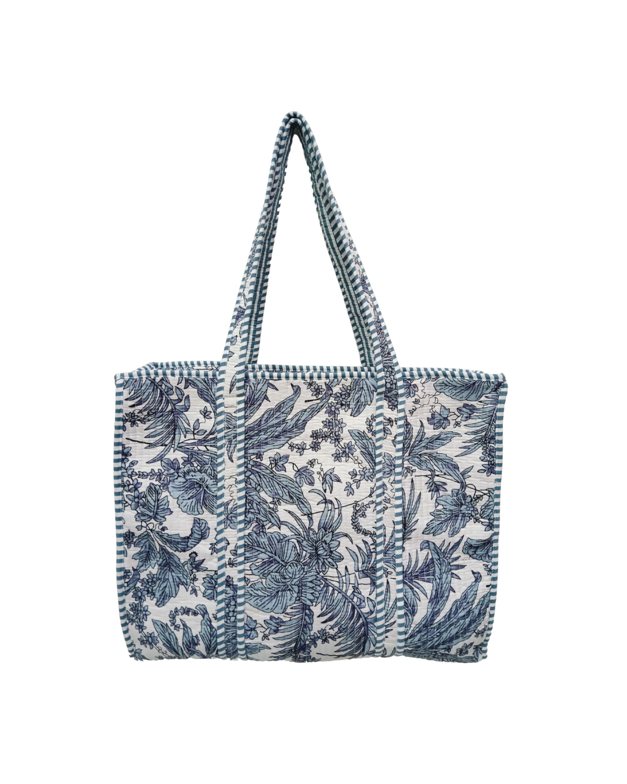 Cotton Printed Tote Bag,Hand Bag Multicolor Quilted Hand Block Floral Printed Women's Carry Bag Shoulder Shopping Tote Bags 18x5.5x16 Inch-image-5