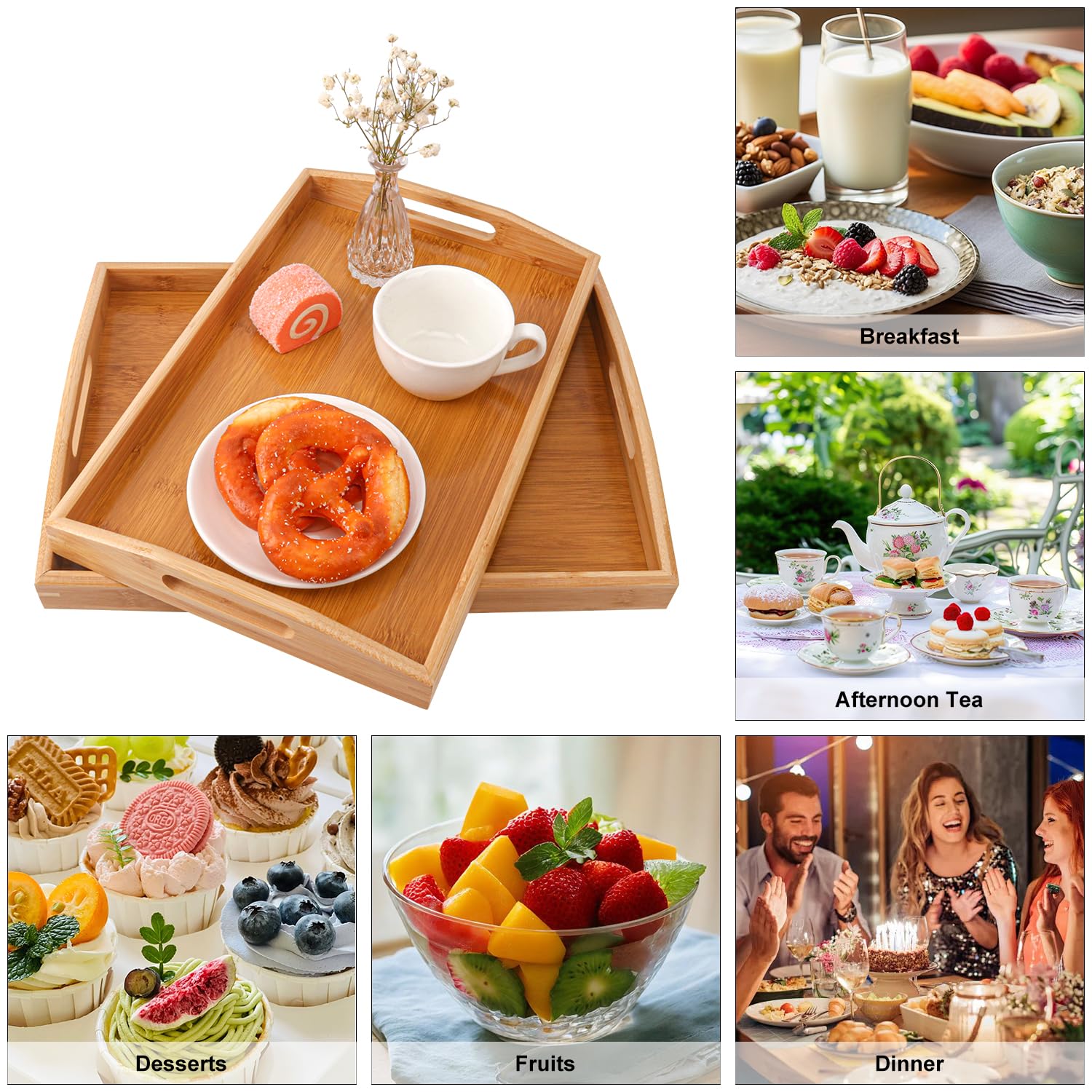 2 bandejas de bambú para servir, bandeja de cama de desayuno anidada de 2 tamaños con asa, bandeja de madera para servir, bandejas de cama de desayuno para comer, decoración, mostrar pasteles