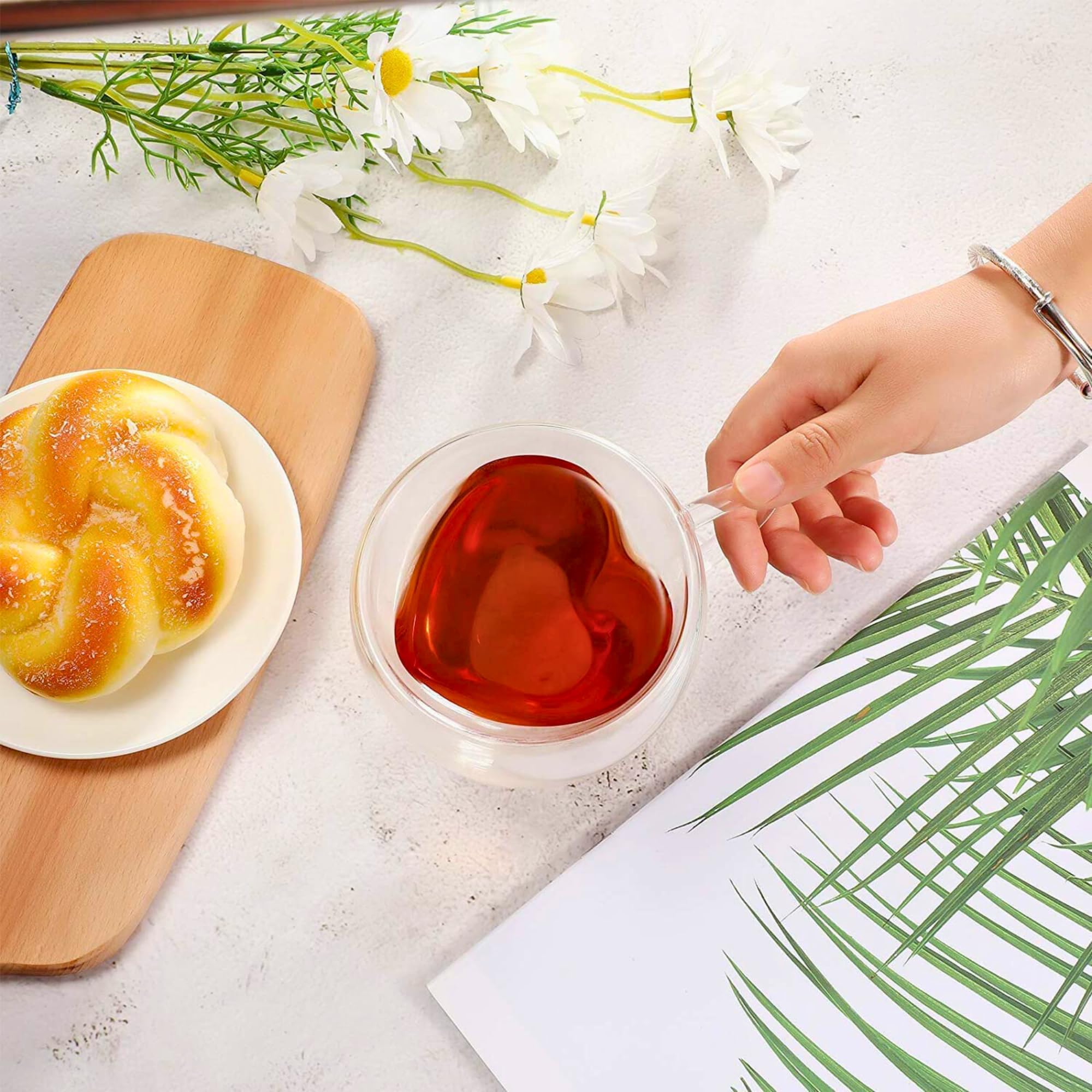 1CHASE Heart Shaped Double Wall Glass Coffee Mug With Handle 1Pc 250ML – Borosilicate Cup for Tea, Coffee, Espresso – Romantic Valentine's Day Present for Couples, Him & Her