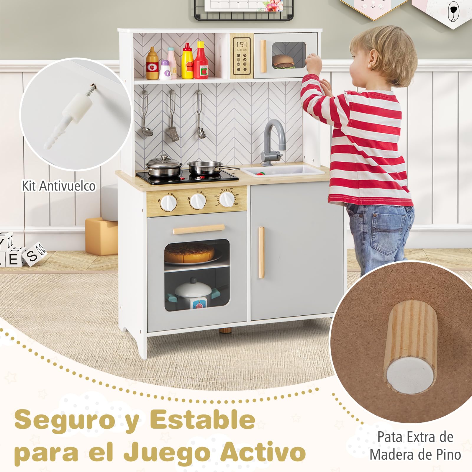 GOPLUS Juego de Cocina para Niños, Set de Cocina de Imitación con Luces y Sonidos, Estufa, Horno, Fregadero, Grifo, Microondas, Utensilios de Cocina, Juguete de Cocina de Madera (Blanco)