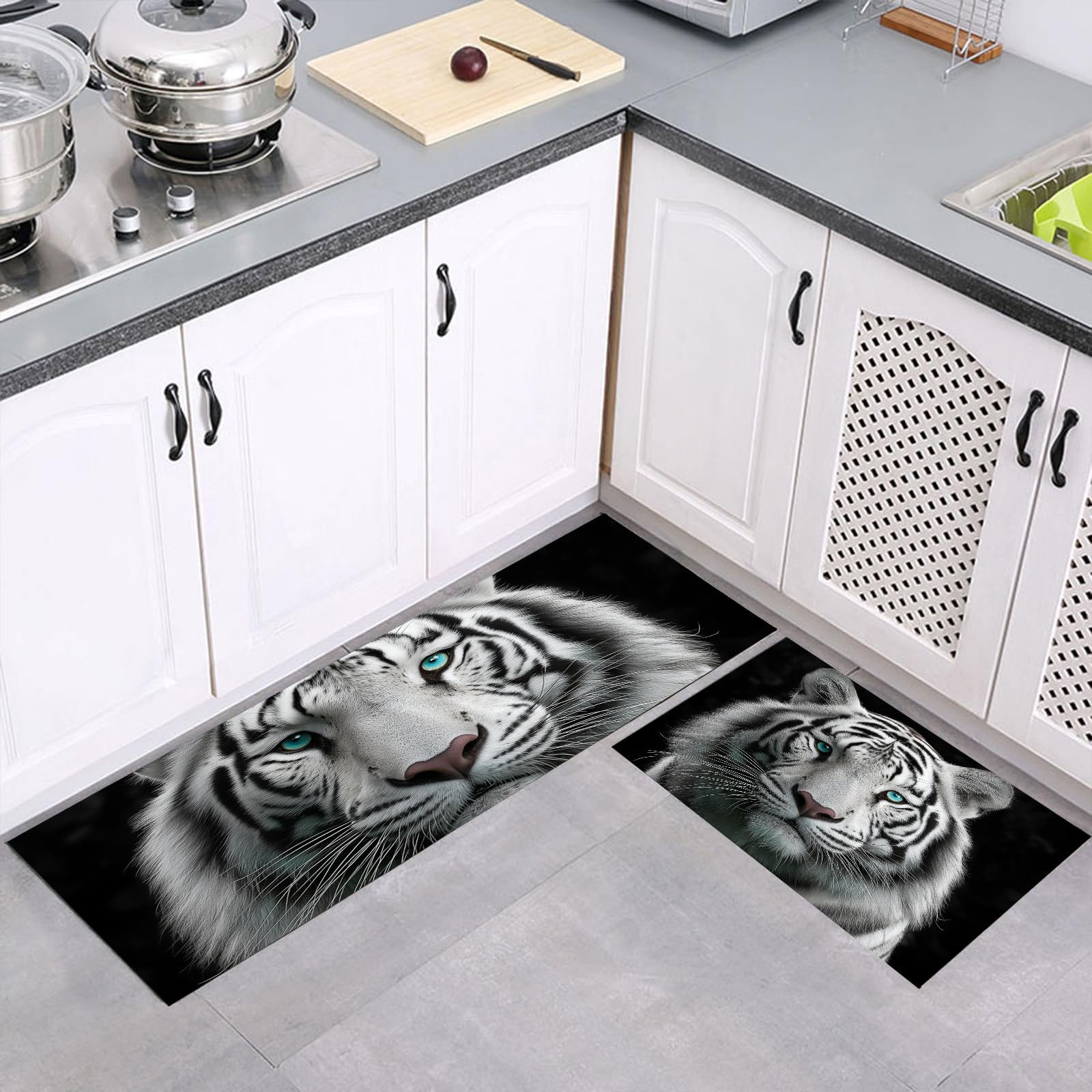 Tapis de cuisine lavable en machine et ultra absorbant, motif tigre sauvage noir et blanc