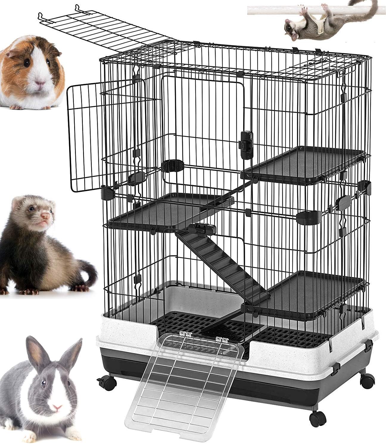 X-Large 4-Floor Indoor Small Animal Pet Habitat Cage Playpen Guinea Pig Ferret Chinchilla Rabbit Cat Kitten Paw Safe Solid Platforms Ramps Easy Clean Leakproof 2-Inch Deep Litter Tray Rolling Casters
