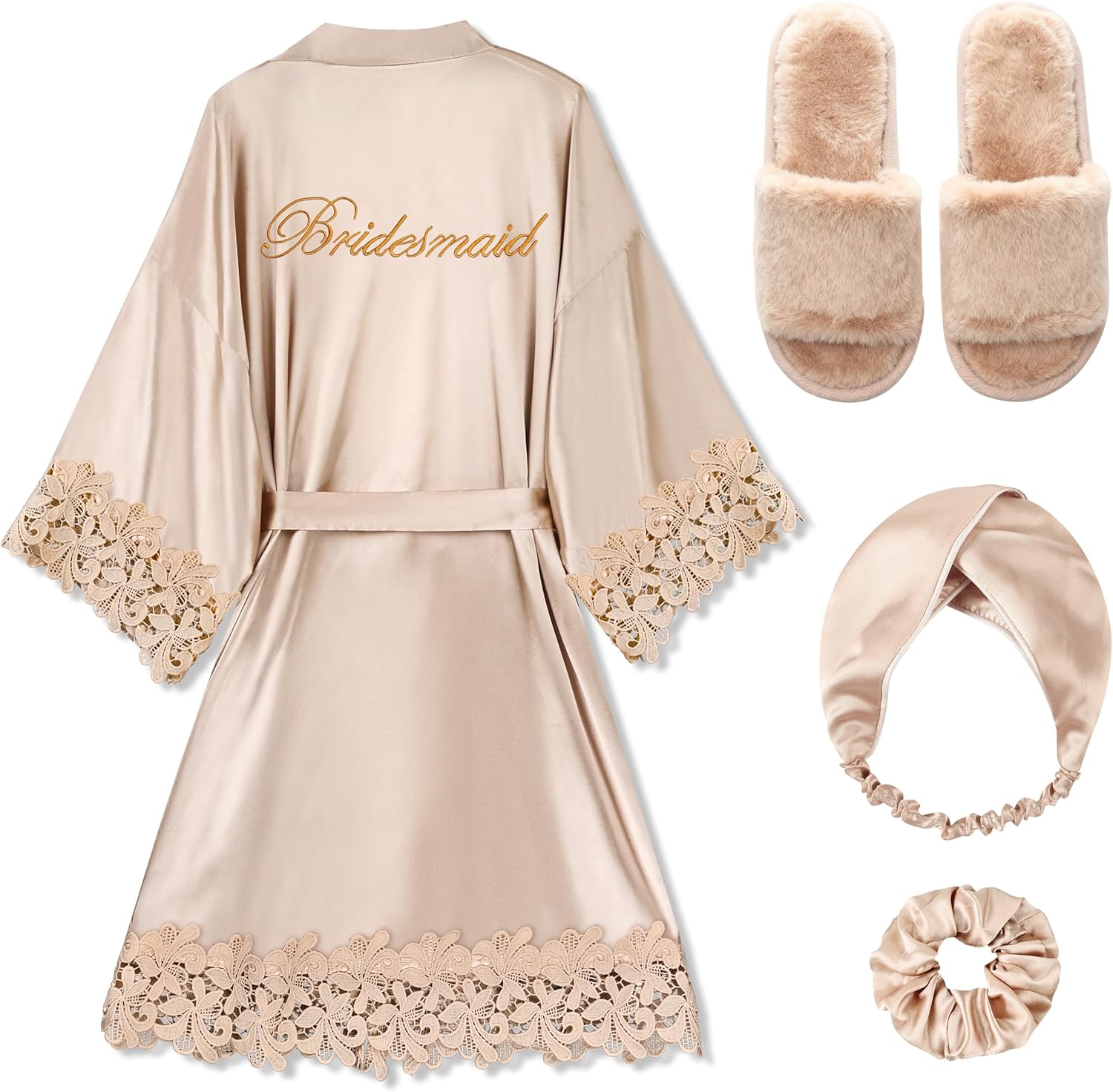 EPLAZA 4 Pcs Bride Robe for Wedding Day Set Bridal Robe with Slippers Lace Trim Wedding Robe for Bridal Bachelorette Party