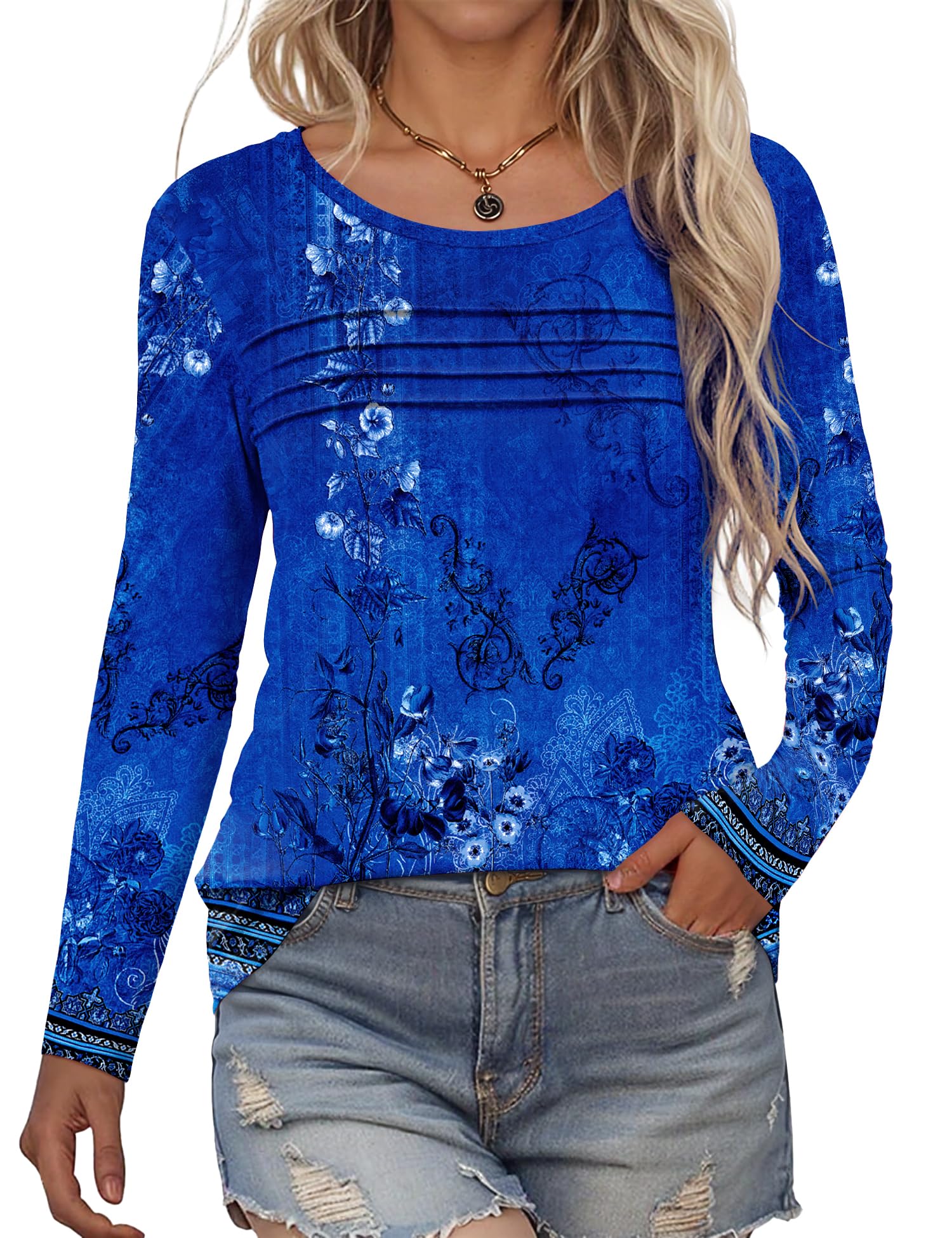 Rapbin Langarmshirt Damen Rundhals Pullover Herbst Winter Falten Sweatshirt Lässig Bluse Elegant Locker Oberteil Blumen Tunika Shirts