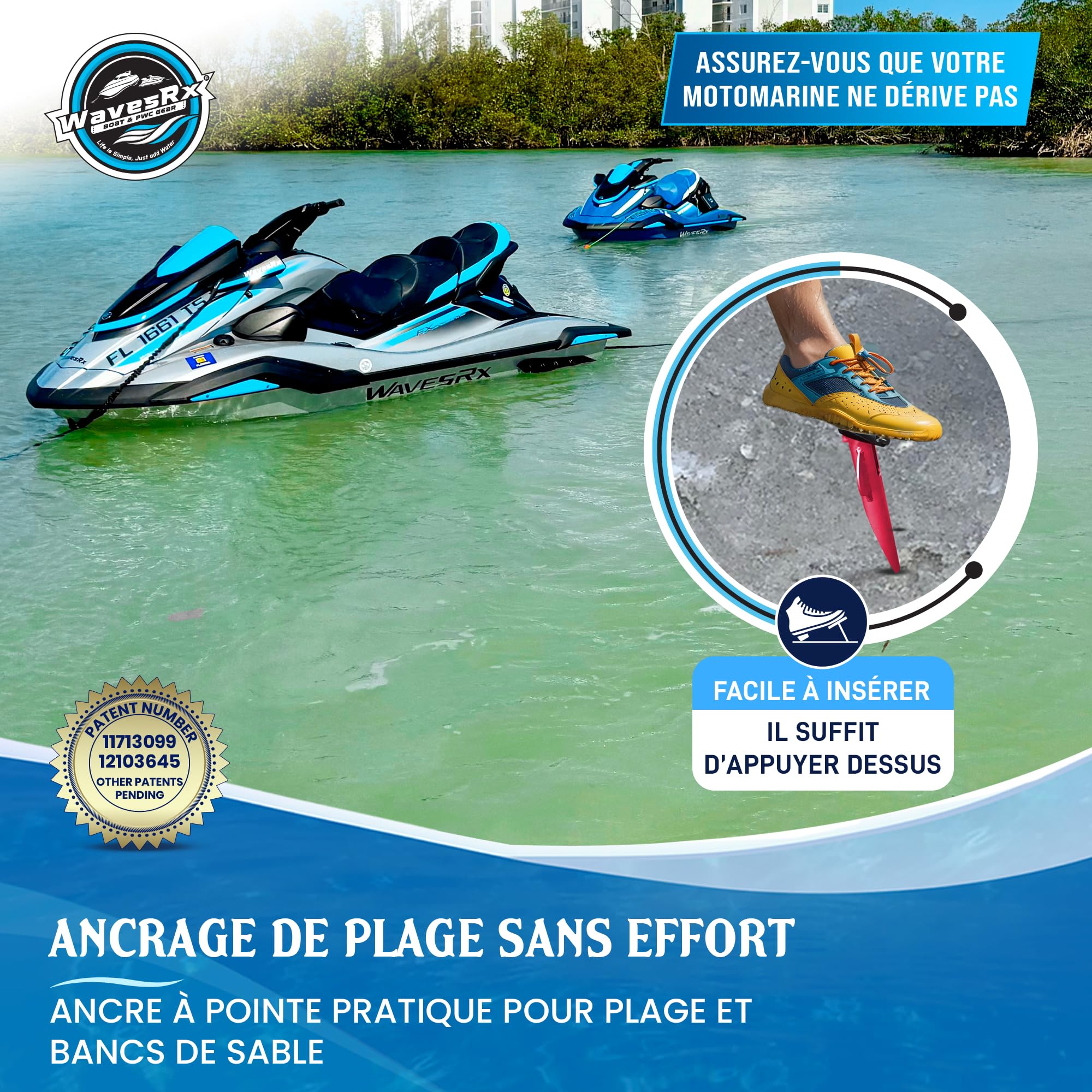 WAVESRX Ancre de Plage à Piquet en Aluminium brevetée | Ultra-légère pour Bateau, Ponton, PWC, Jet-Ski ou Kayak | Ancrage sûr près du Rivage, Banc de Sable ou Eau Peu Profonde