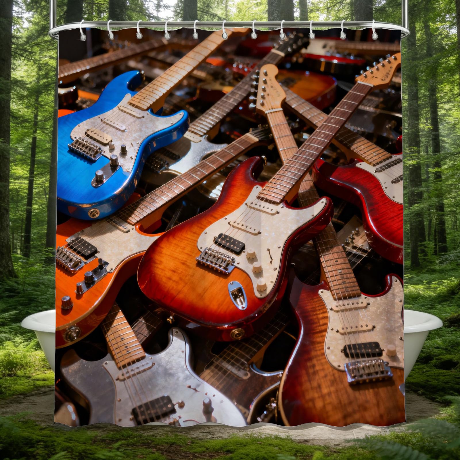 Hongduo 3D Electric Guitar Shower Curtain for Stalls Bathtubs Rock Style Bathroom Decor Shower Curtain Set Polyester Fabric Waterproof 200x200cm/79X79 Inch with Hooks