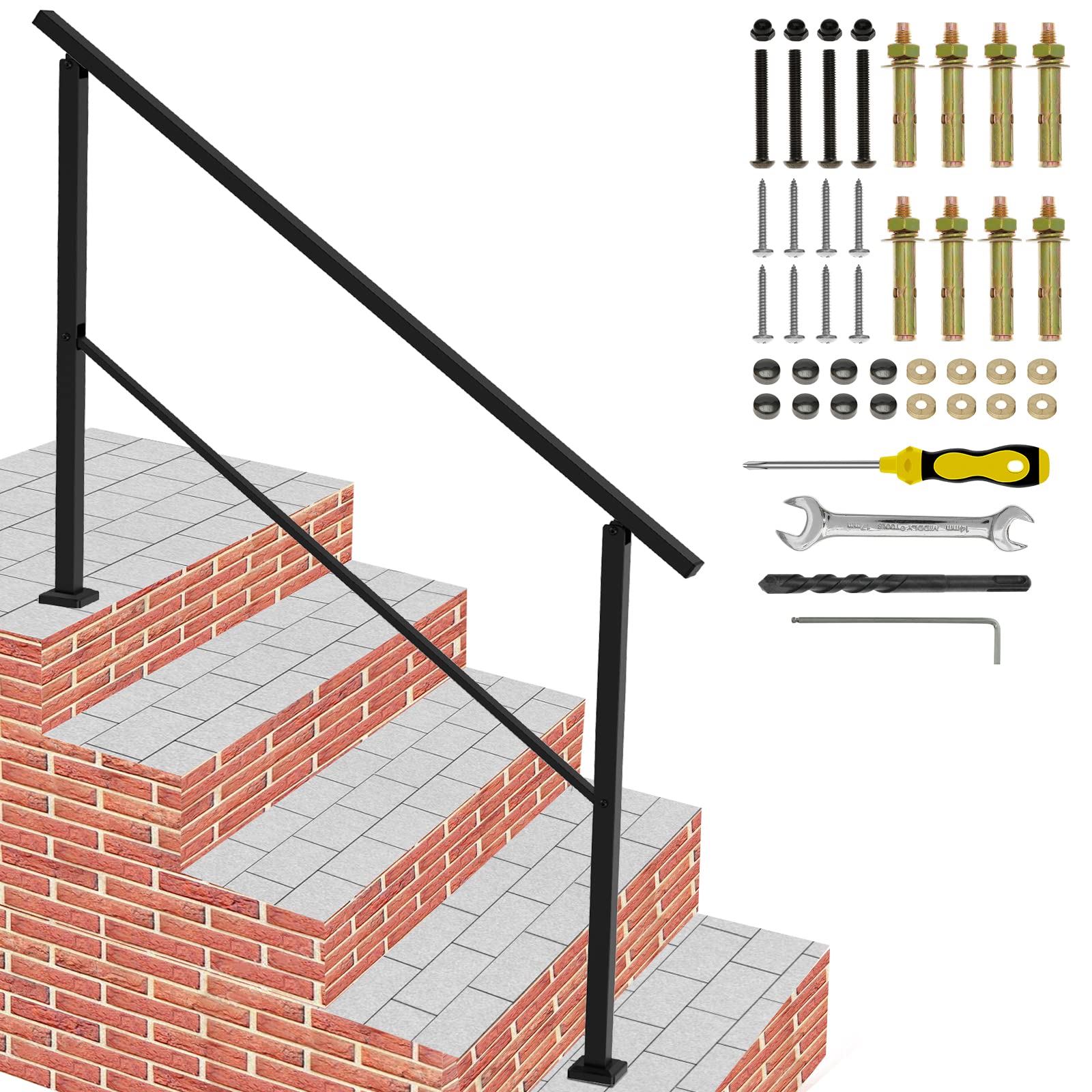 Photo 1 of Groking 5 Steps Outdoor Hand Rails for Steps, Handrails for Outdoor Steps Fit 4-5 Steps Wrought Iron Handrail Stair Rail Transitional Handrails Grab Bars for Concrete Wooden Porch Patio Garden Stairs