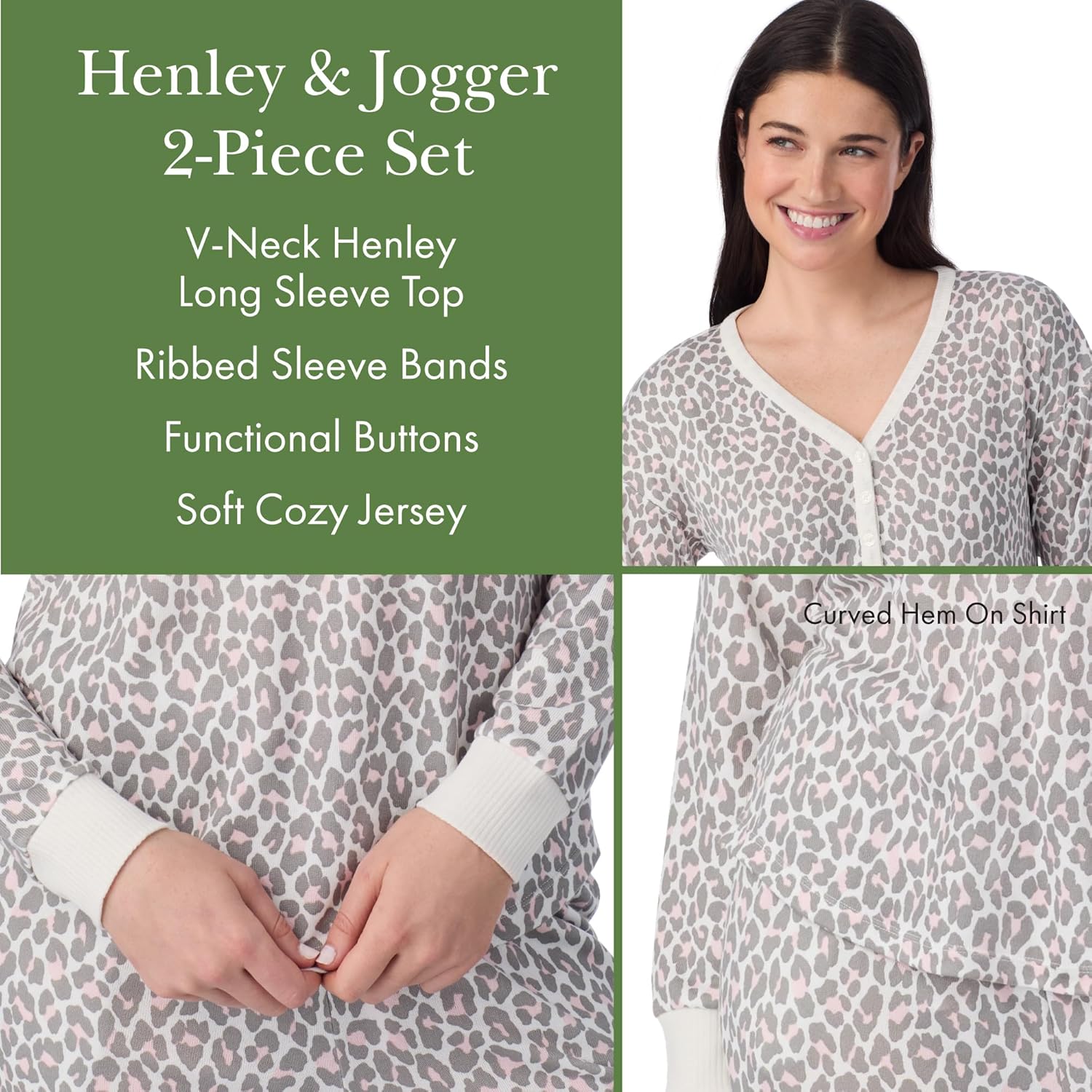 kate spade new york Women's 2-Piece Long Sleeve Henley Top & Jogger Pant Pajama Set, Brushed Cozy Soft Jersey, Ribbed Cuffs - Image 4