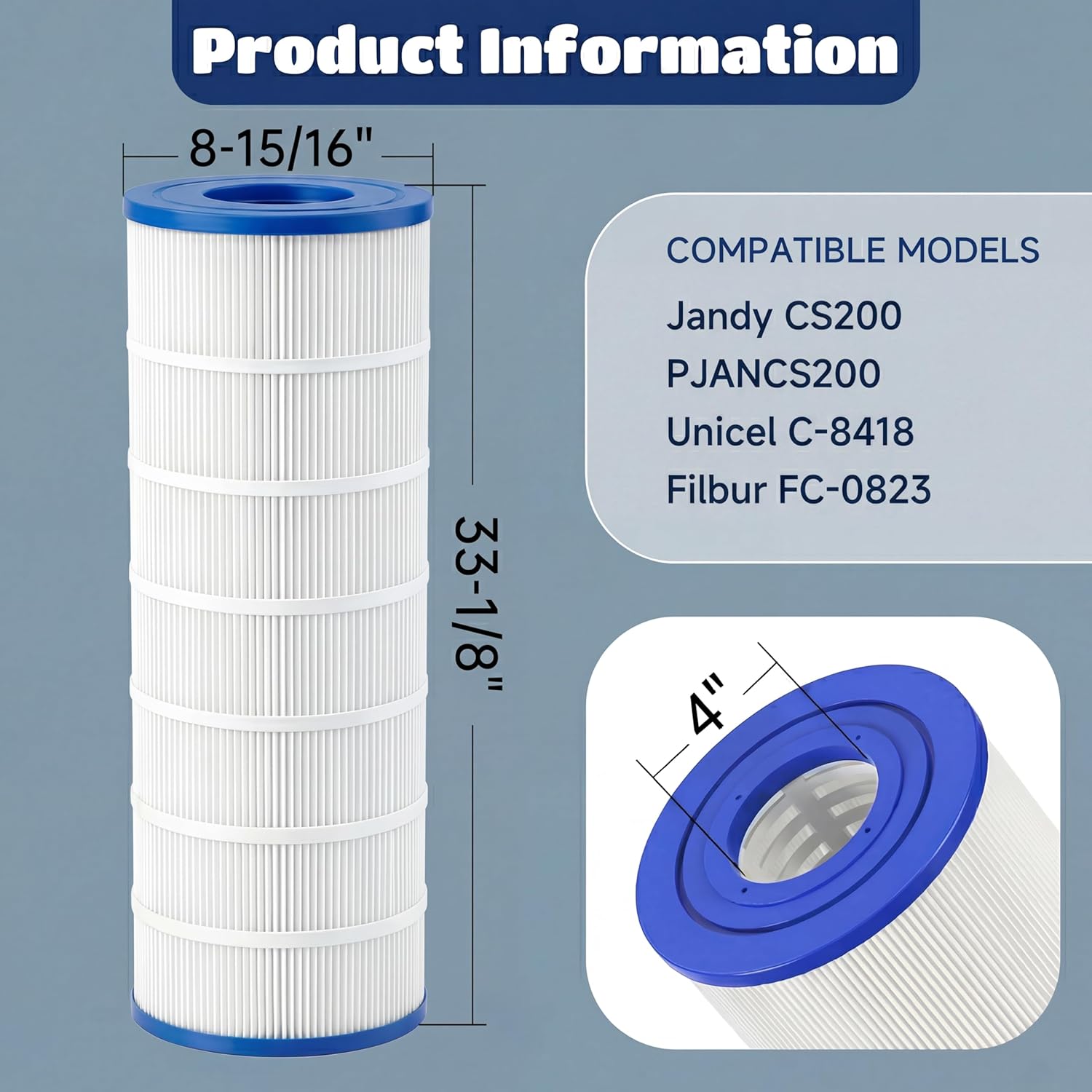 CS200 Pool Filter Cartridge - Compatible with Jandy CS200 Filter Cartridge, Unicel C-8418 Pool Filter, PJANCS200, FC-0823, Jandy Pool Filter Cartridge R0462400, 200 Sq.Ft. 1 Pack