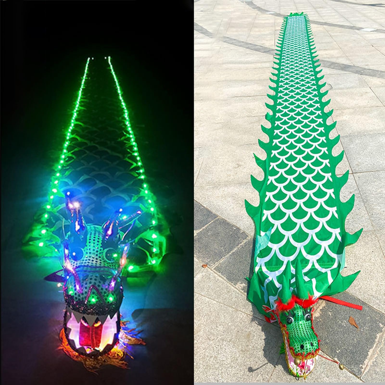 3D smok Fling The Ribbon Streamer, Kolorowy smok z diodami LED, płynąca wstążka, zewnętrzny oświetlony smok, rozświetlający się, sportowy fitness, rzucający smok z głową i liną do huśtania(Green,10 m