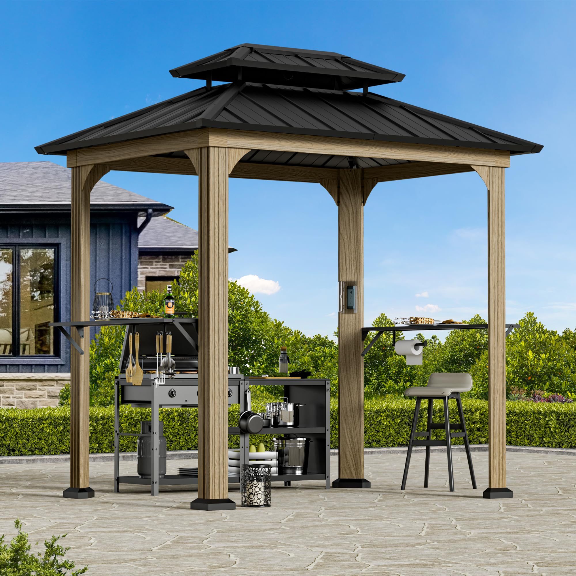Modern Shade Grill Gazebo 6' X 8', Aluminum BBQ Gazebos with Shelves and Ceiling Hook, Grill Canopy Hardtop with Galvanized Steel Roof, Outdoor Grill