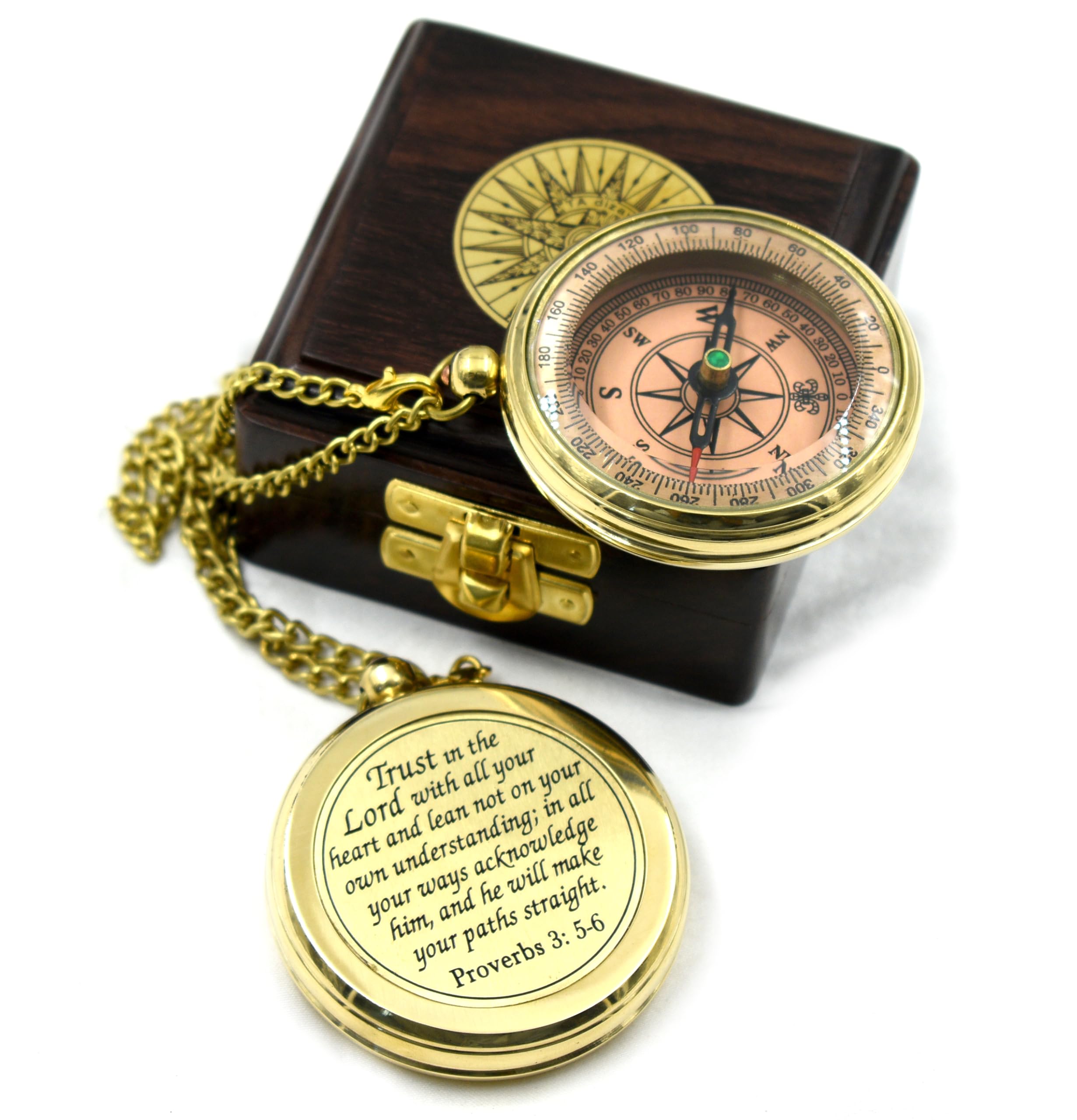 Trust in The Lord with All Your Heart -Proverbs 3: 5-6 Quote Engraved Compass with Wooden Box, Greeting Card, Gift Compass, Graduation Day Gifts 2025 Compass for Women Mens Boy Girls
