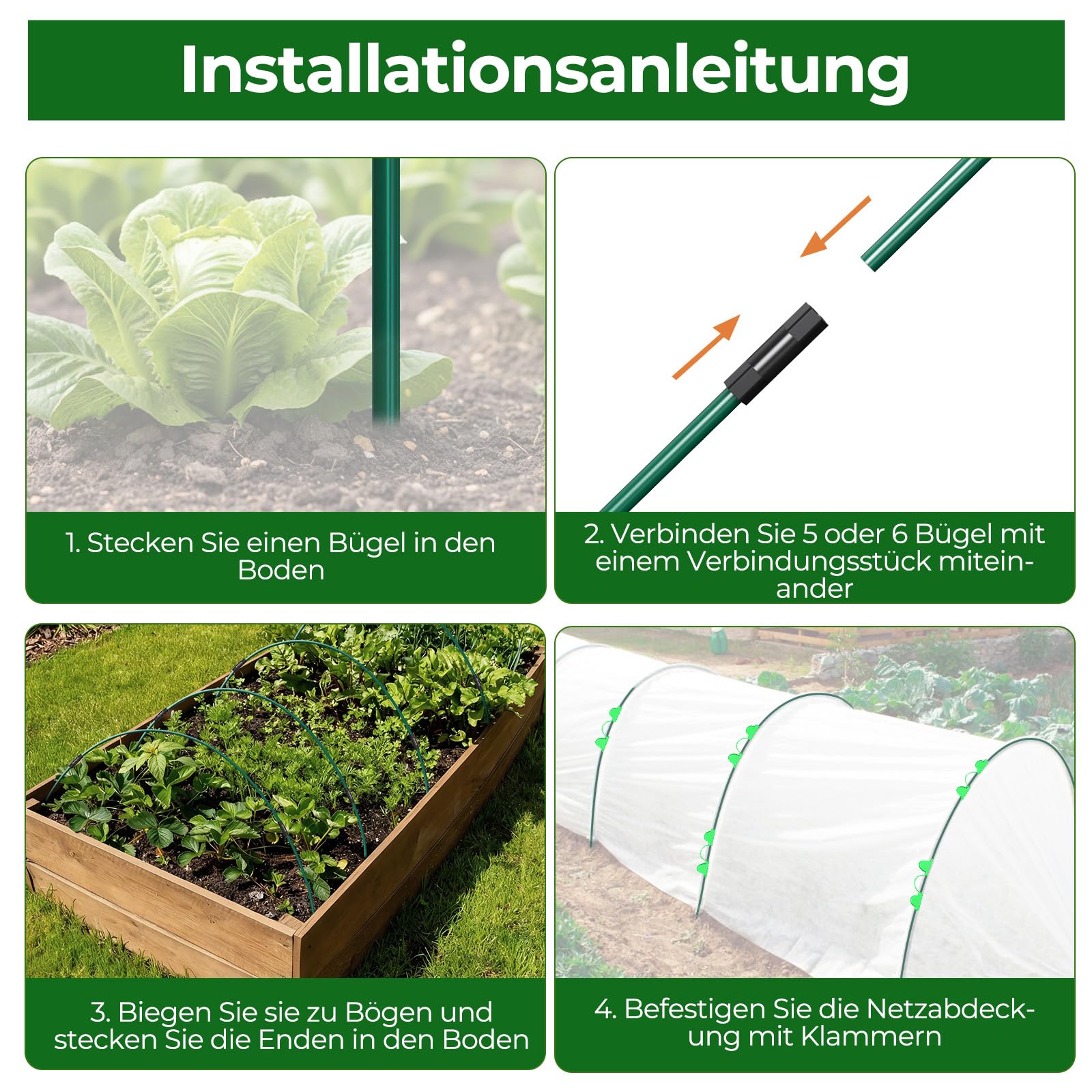 MYMULIKE 60 Stück Folientunnel für Hochbeet, 115 x 85cm Pflanztunnel Bögen, Set aus 12 Glasfaser-Gartenbögen, Gewächshaus Hoops für Gemüse, Blumen, Obst