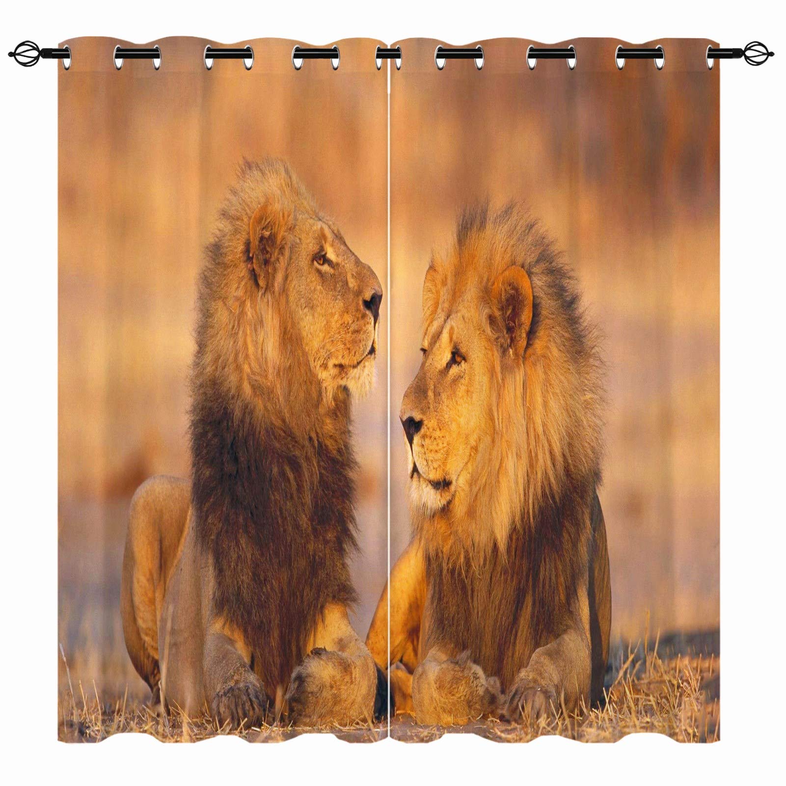 Yuanzu Multi 41 Lion Curtains, African Animals Grassland King Of Jungle Lion Print 3D Pattern Eyelet Thermal Insulated Room Darkening Blackout Window Drapes For Bedroom Living Room 2 Panels W117cm X D137cm
