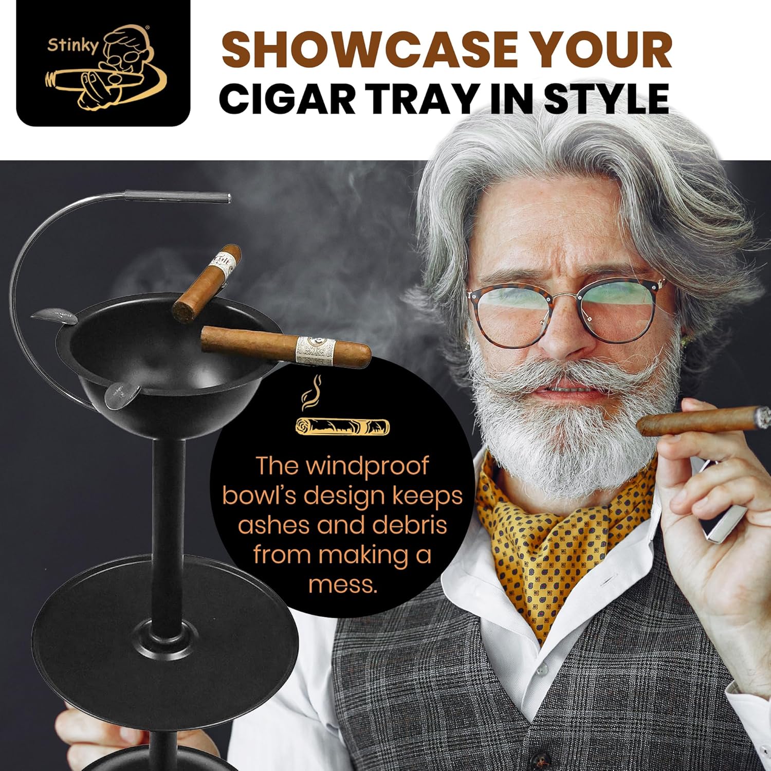 Stinky Cigar Floor Ashtray with Accessory Tray and Carry Handle, Windproof, 24-inch Tall, 4 Stirrups, Elegant Cigar Ashtray for Home - Removable Deep Bowl, Heat Resistant and Easy to Clean - Black