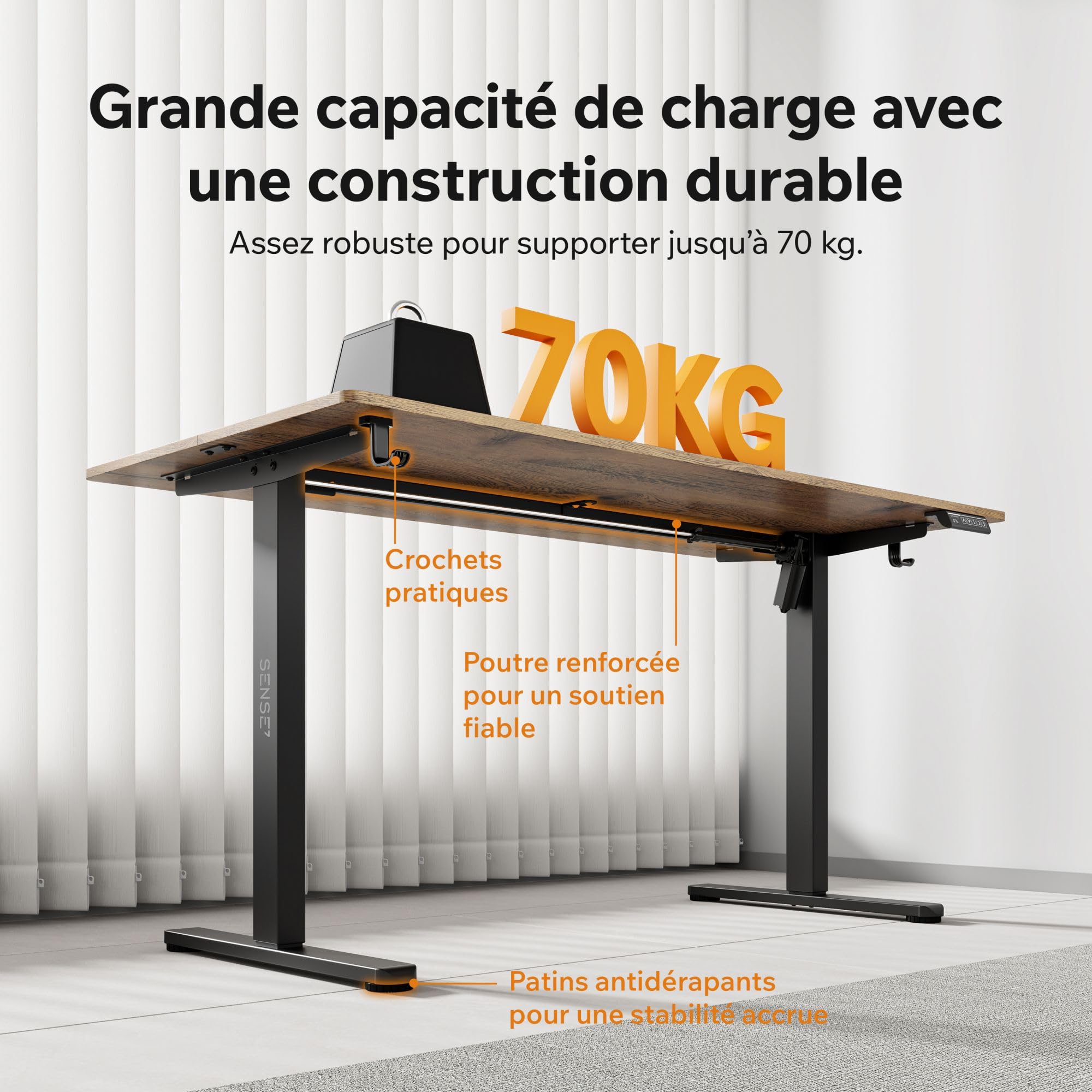 SENSE7 Nojo Light Bureau électrique réglable 140x70cm chêne Noir 70kg