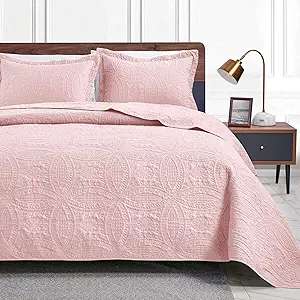 Love's cabin Twin Quilt Set Pink Bedspreads - Soft Bed Summer Lightweight Bedspread Comforter - Modern Style Coin Pattern Coverlet for All Season - 2 Pieces (1 Quilt, 1 Pillow Sham)