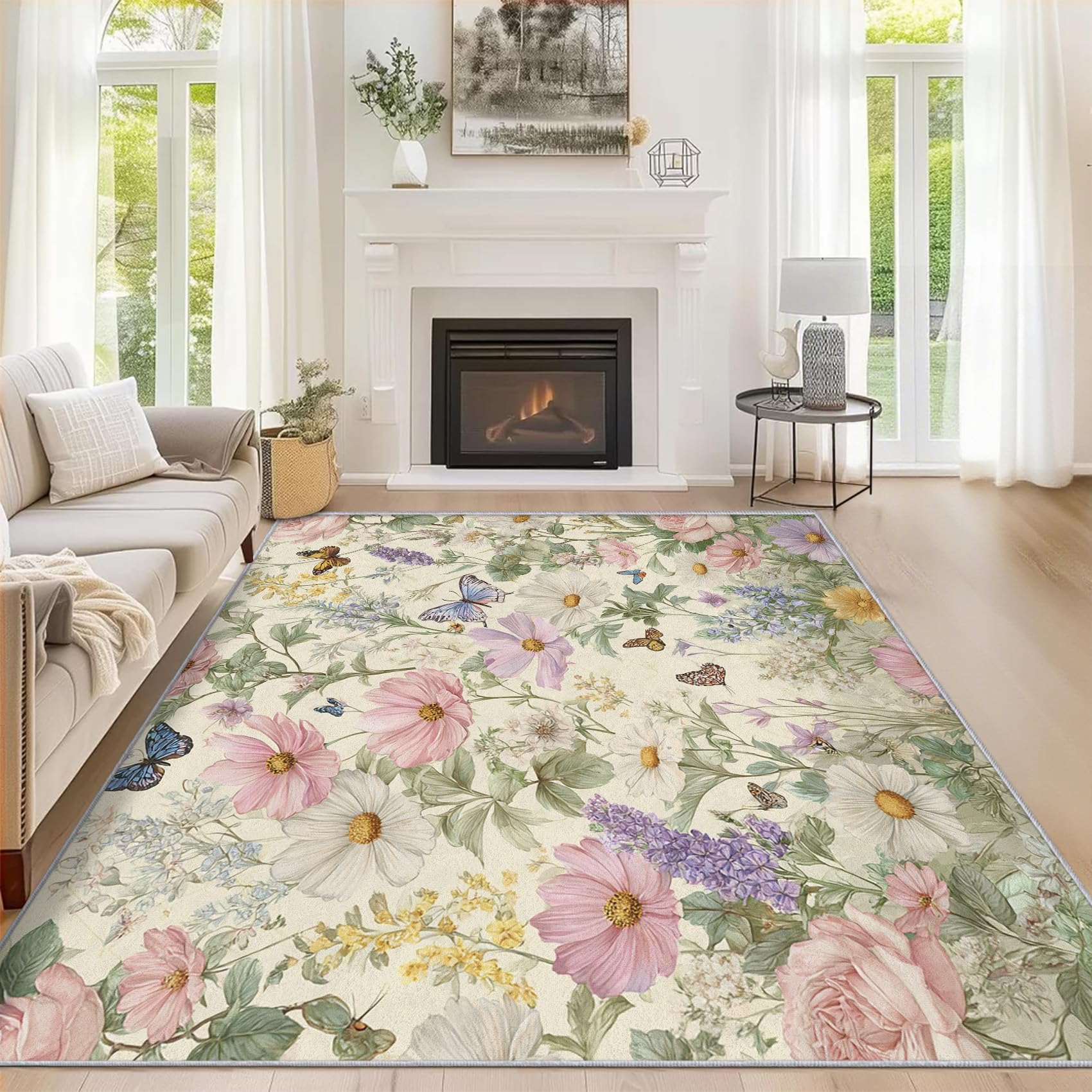 Tapis salon marguerite moquette douce à poils courts