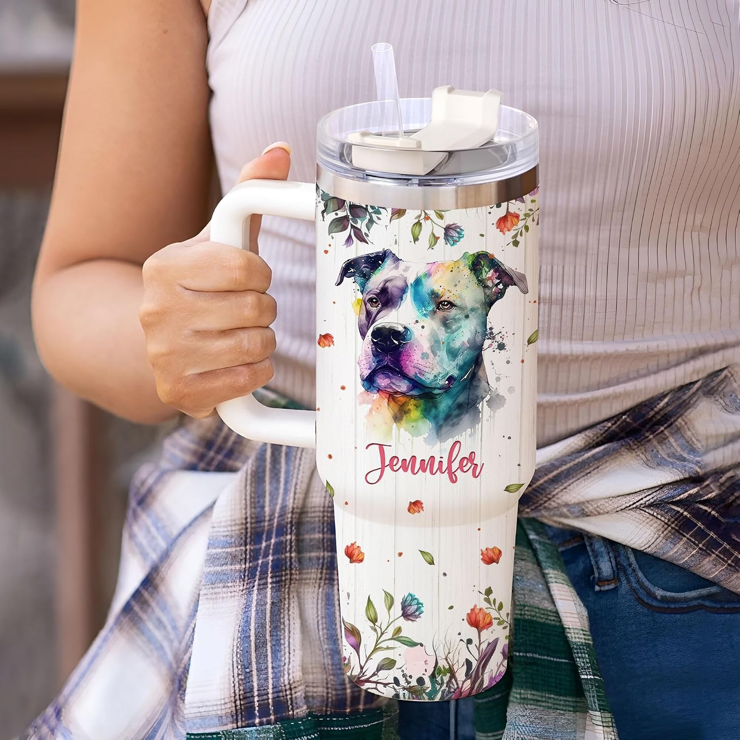 Hyturtle Personalized Gifts For Pitbull Lover Tumbler 40oz with Handle and Straw - Stainless Steel Travel Coffee Cup With Lid - Cute Dog Lover Gifts For Women, Girl On Birthday Christmas