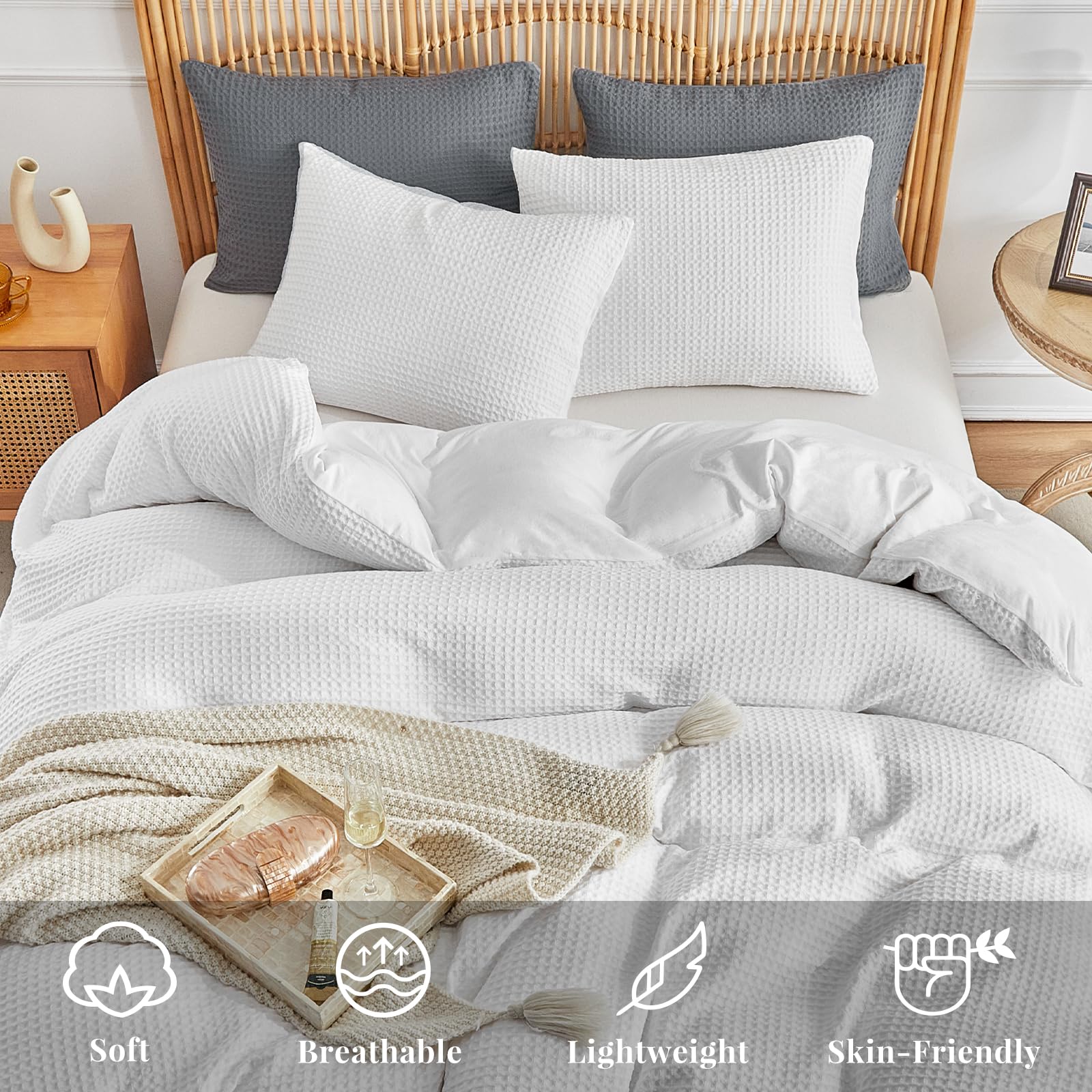 WARMDERN Juego de funda de edredón de microfibra blanca con tejido gofre, tamaño King, funda de edredón suave y transpirable, juego de ropa de cama de 3 piezas con textura para todas las estaciones