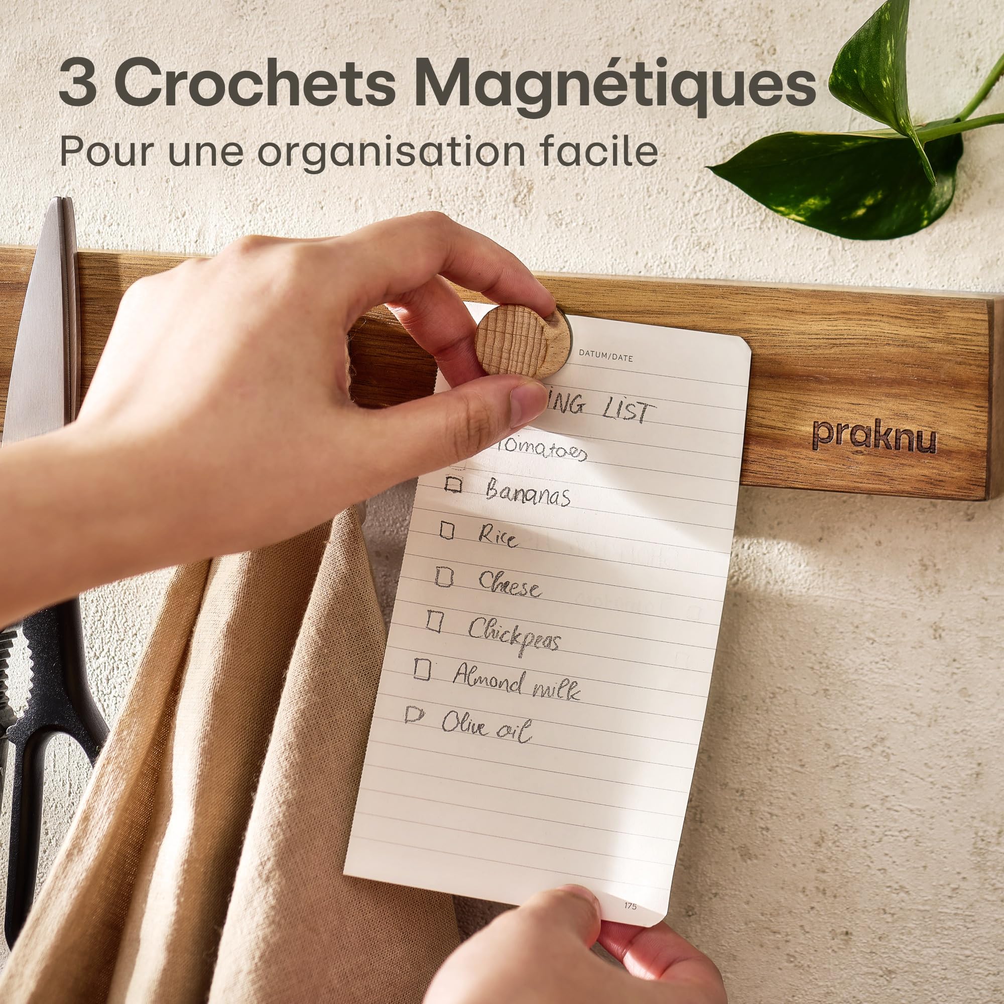 Praknu Porte Couteaux Aimanté Autocollante - 40 cm en Bois d’Acacia – Avec 3 Crochets Magnétiques - Barre Murale pour Jusqu’à 8 Couteaux Lourds