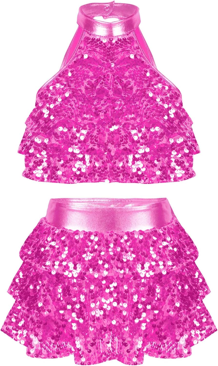 Ensemble Danse Paillettes Enfant Fille Hedmy - Crop Top + Jupe Jazz Salsa 5-16 Ans
