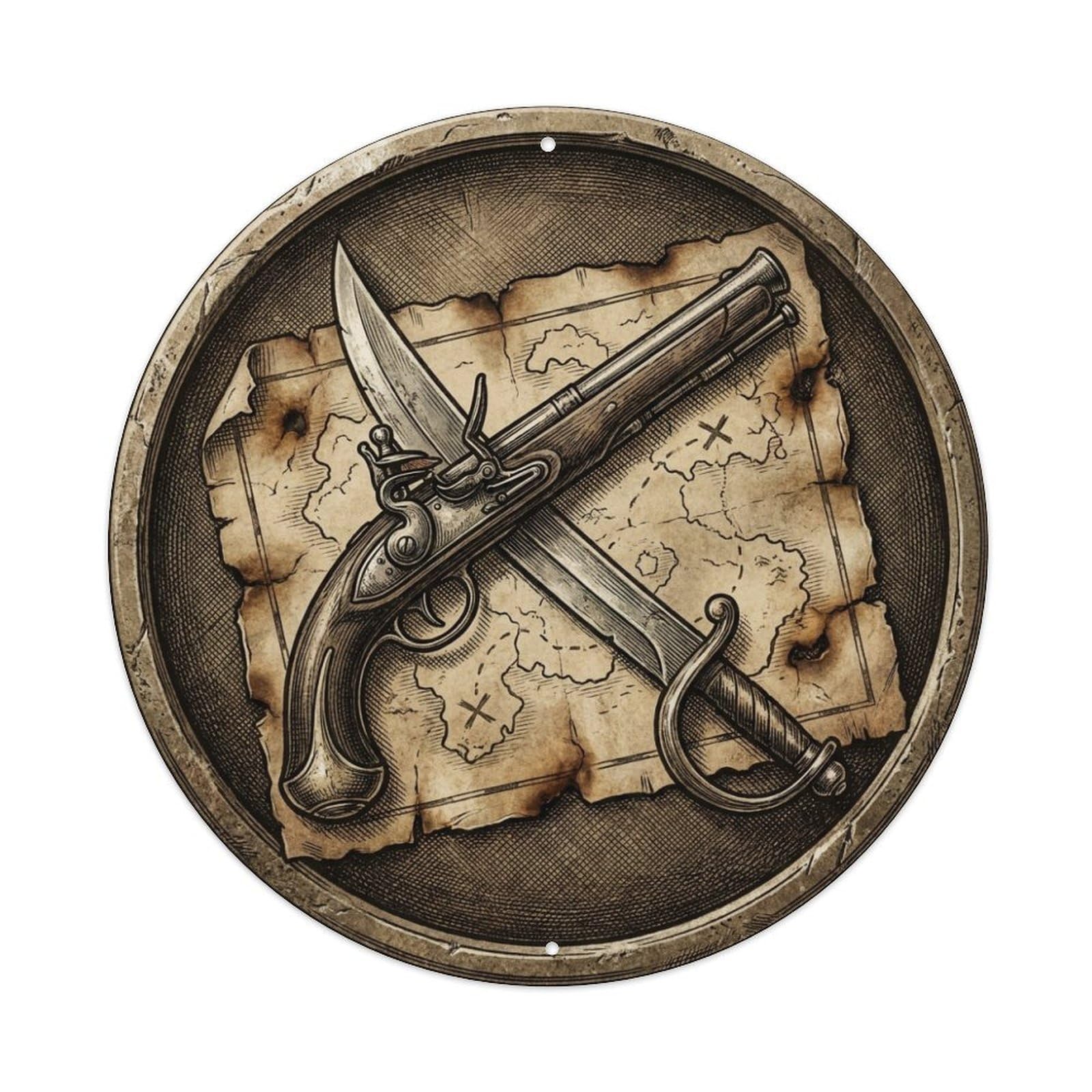 Pirate Arsenal Flintlock Cutlass Map Jolly Roger Metal Tin Sign