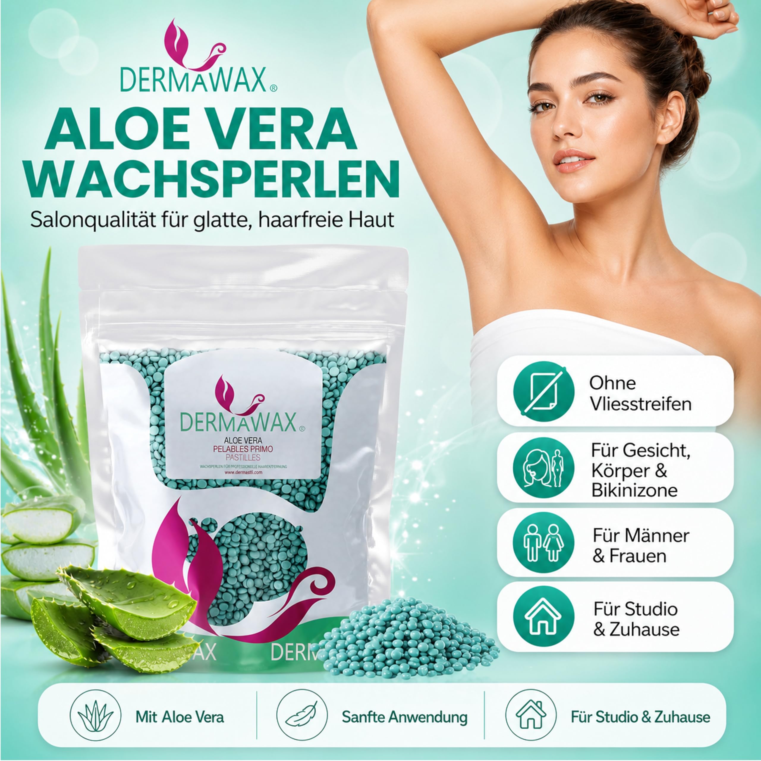 Dermawax 1 kg Wachsperlen Aloe Vera Heißwachs – Haarentfernung ohne Streifen für sensible Haut, Gesicht, Beine, Achseln & Bikinizone – Stripless Filmwachs, Made in Italy